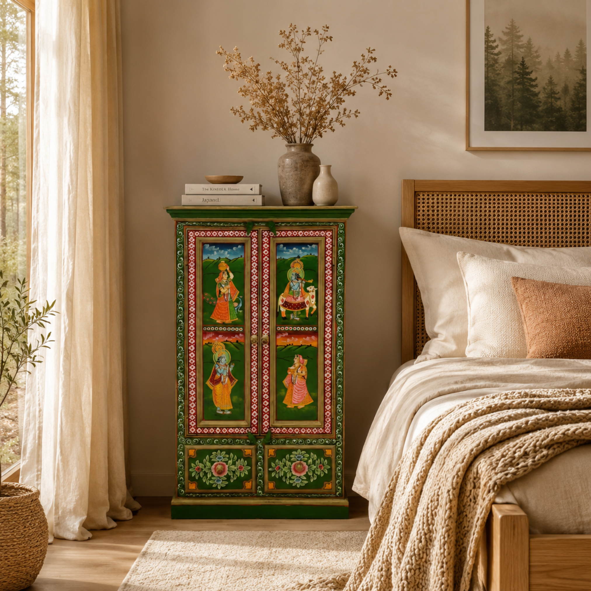 Royal Garden Artistic Multi Colour Storage Cabinet styled in a cozy living room beside a fireplace, featuring hand-painted Indian artwork, floral detailing, and traditional heritage craftsmanship.