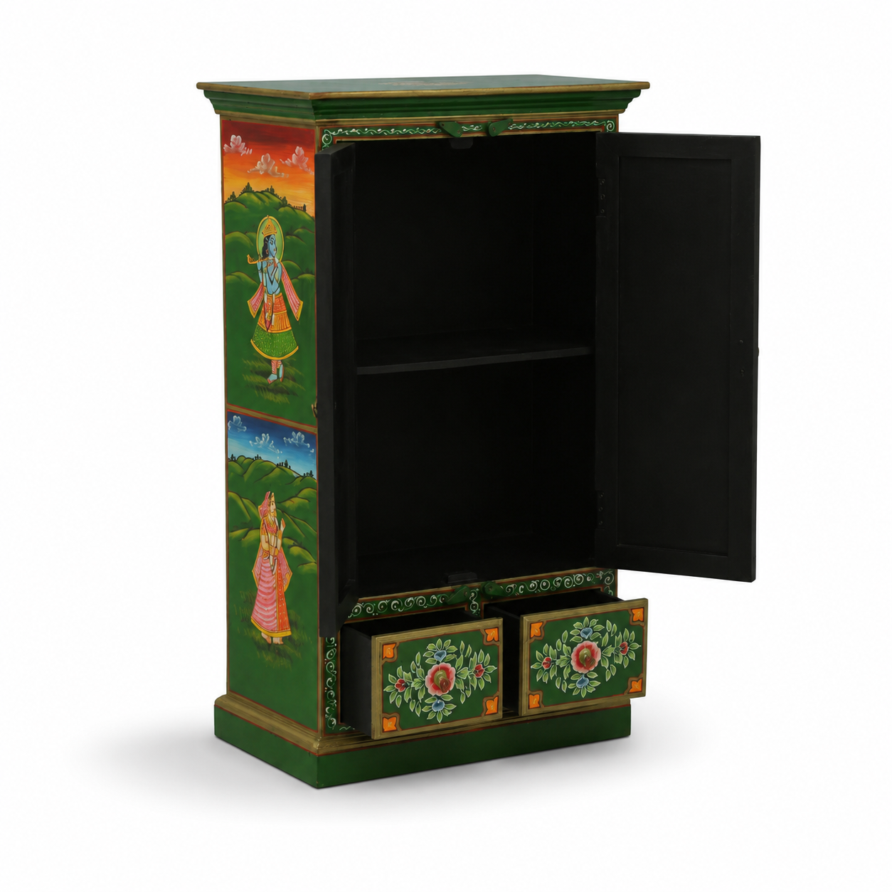 Royal Garden Artistic Multi Colour Storage Cabinet with open doors and drawers, showcasing spacious interior storage and hand-painted floral detailing.