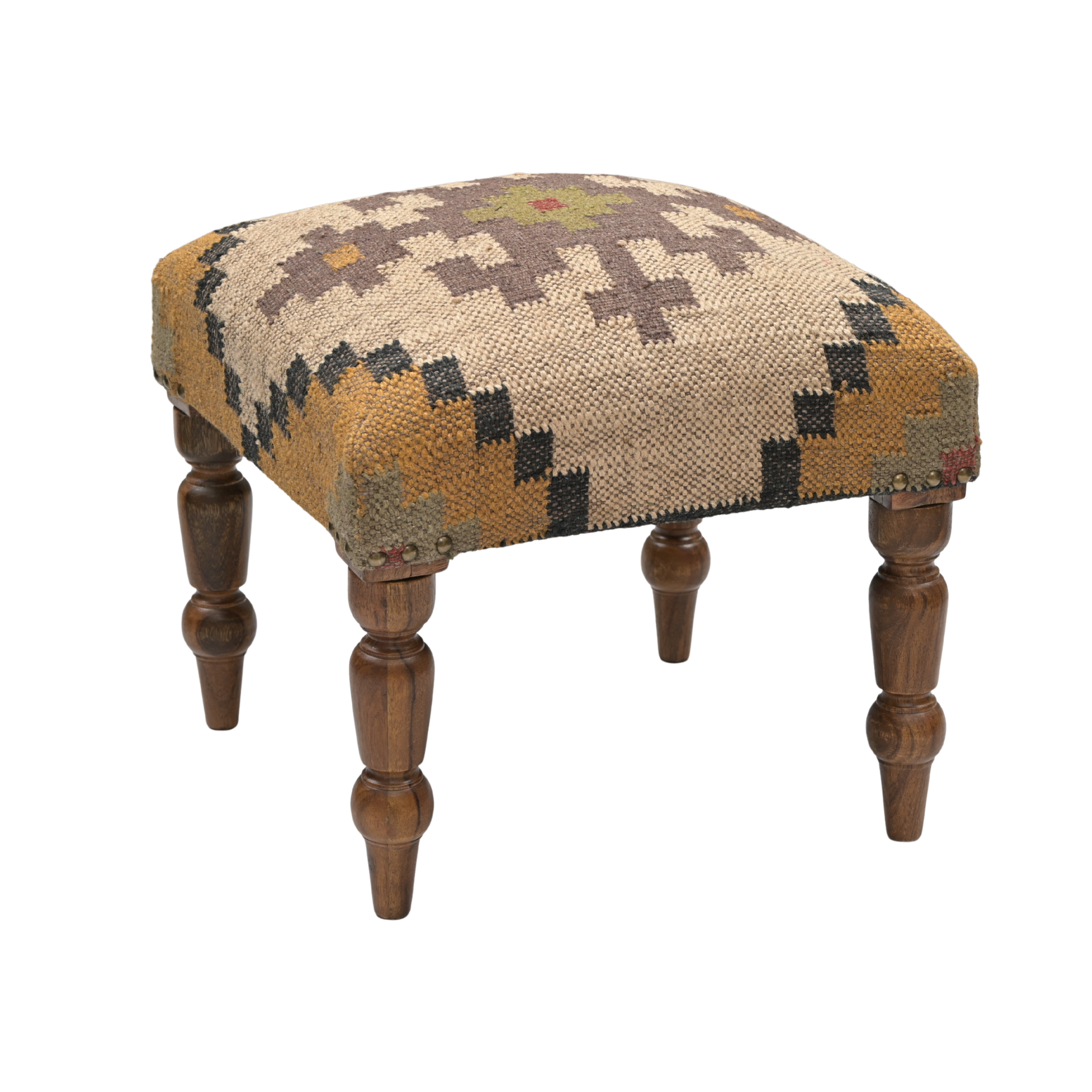 Angled view of Sahara handcrafted kilim upholstered wooden stool with handwoven tribal upholstery and turned solid wood legs