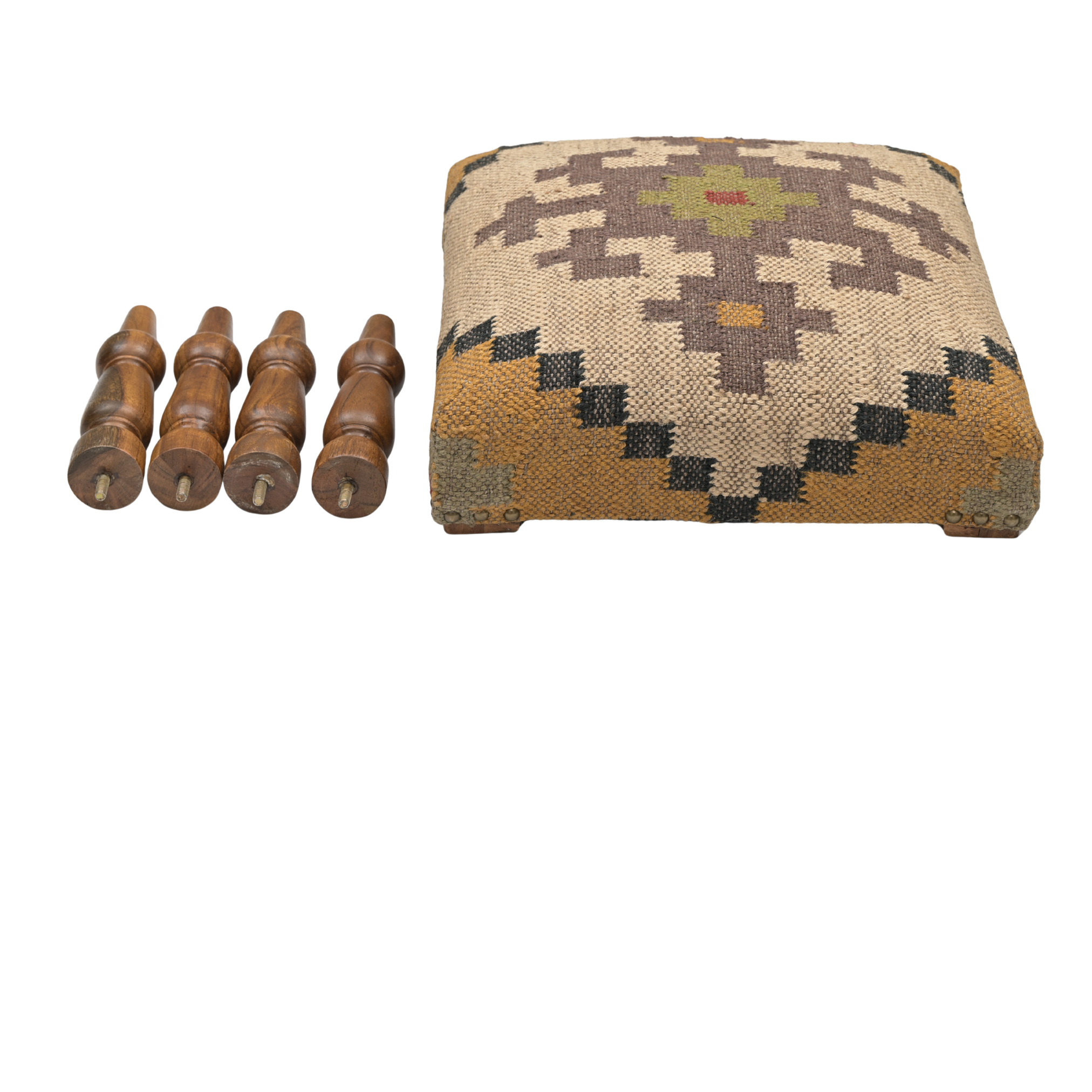 Sahara handcrafted kilim upholstered wooden stool displayed with detachable turned wooden legs beside the upholstered seat base