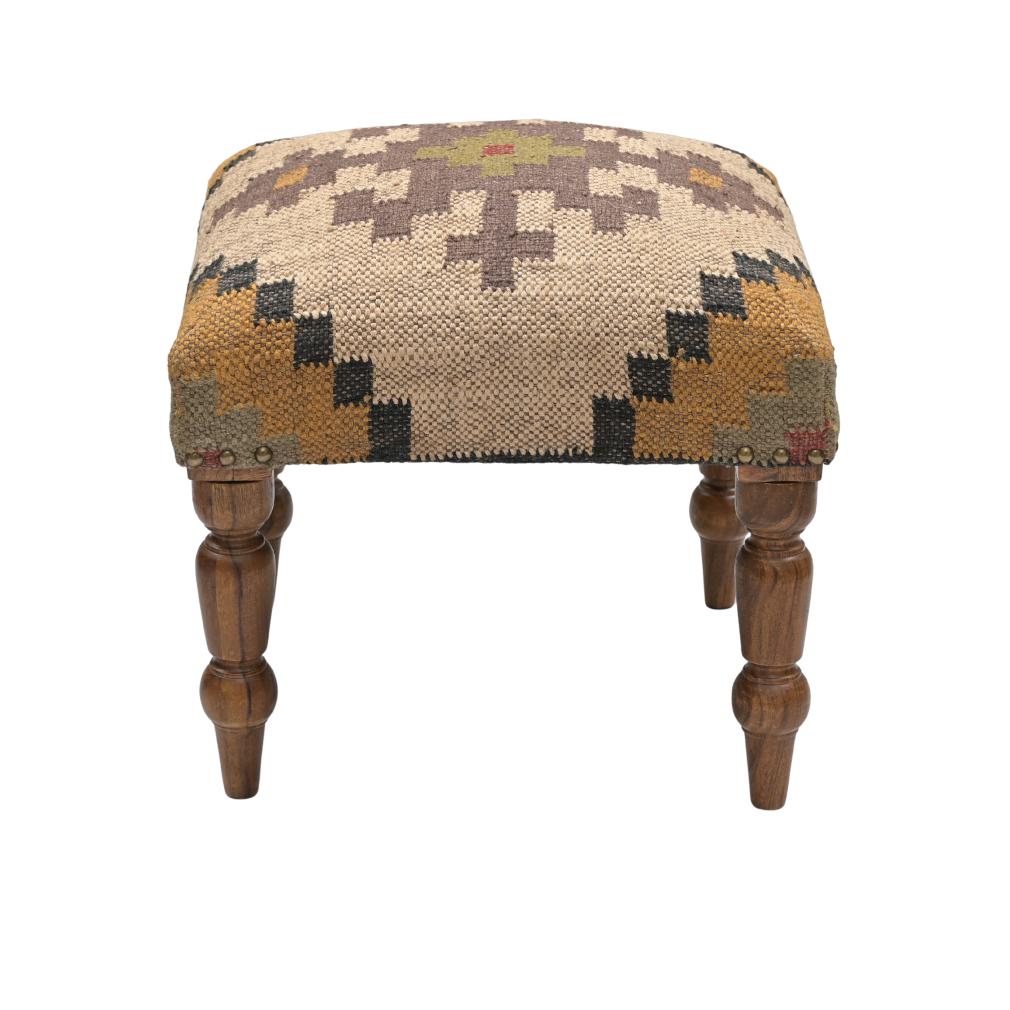 Front view of Sahara handcrafted kilim upholstered wooden stool featuring tribal geometric patterns in beige, mustard, olive, and charcoal tones