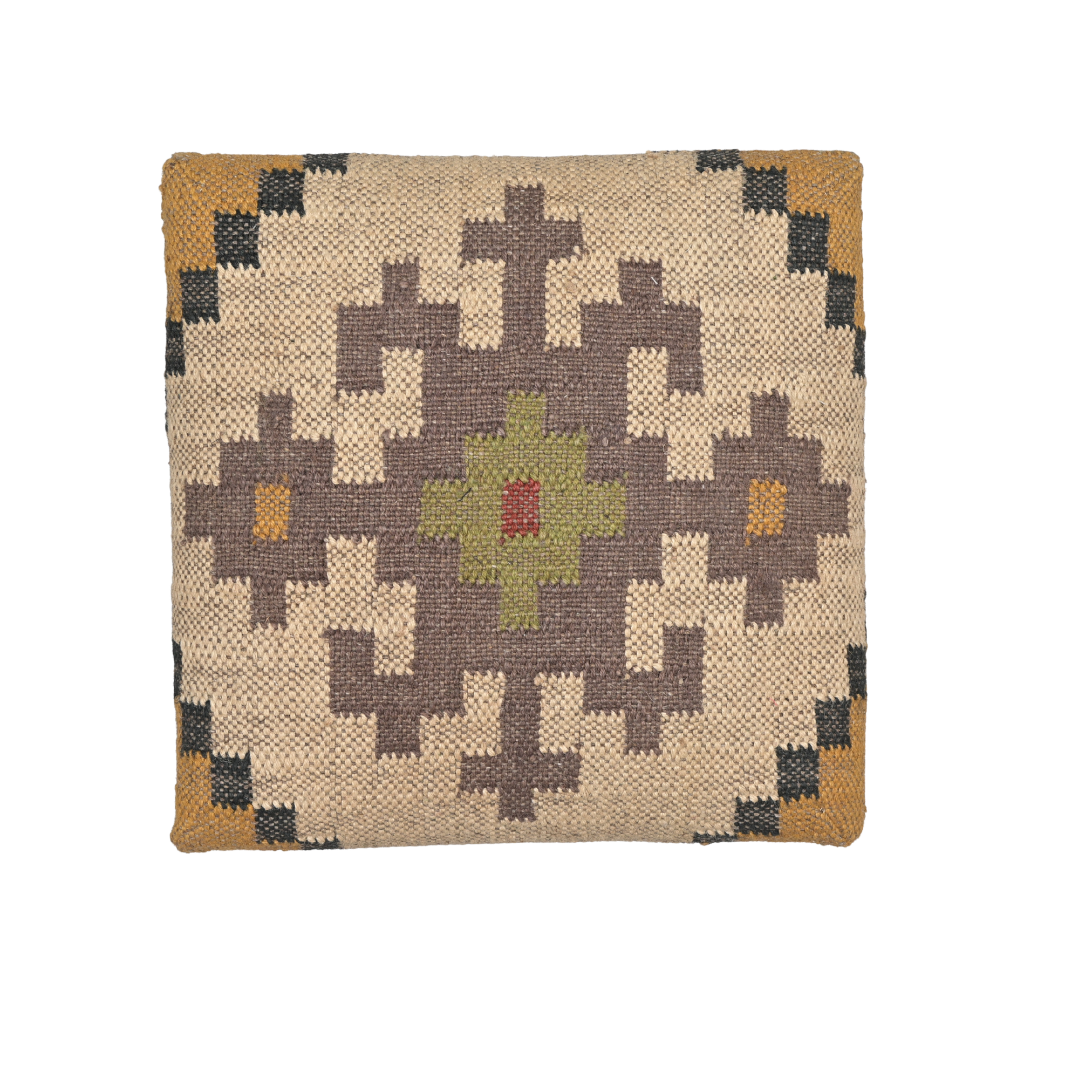 Top view of Sahara handcrafted kilim upholstered wooden stool showcasing geometric kilim motifs in earthy neutral and mustard shades