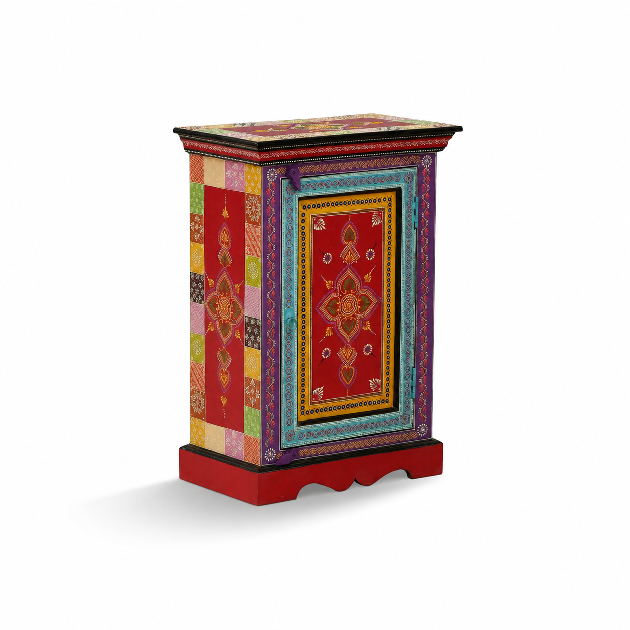 Angled view of Scarlet Medallion Side Table highlighting intricate medallion artwork, colorful detailing, and handcrafted design.