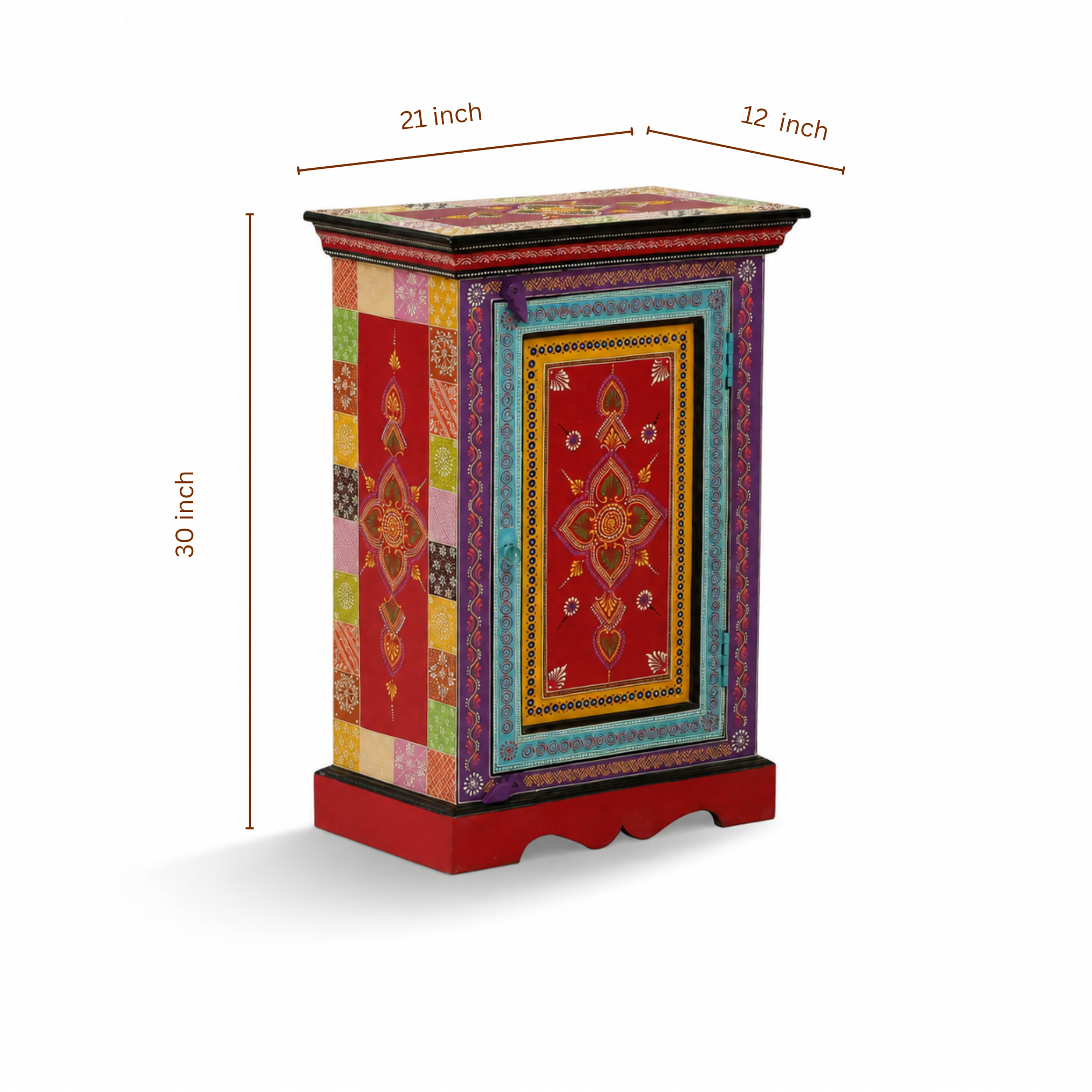 Decorative cabinet with colorful design and dimensions on a white background