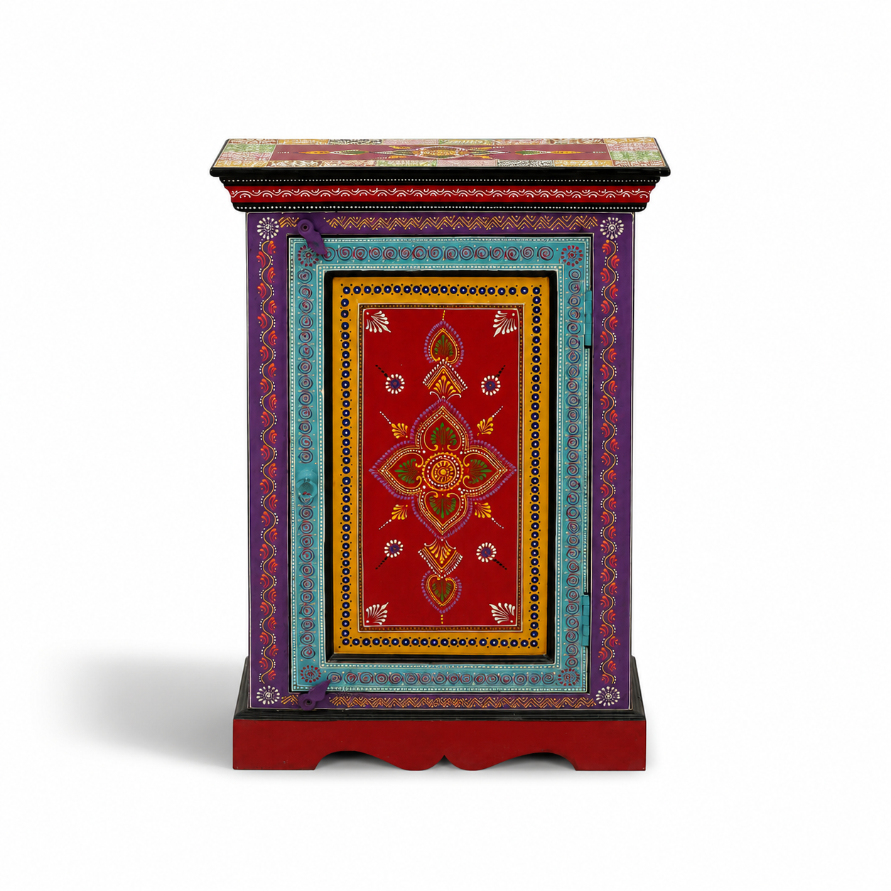 Hand-painted Scarlet Medallion Side Table featuring vibrant red, turquoise, purple, and gold traditional artwork.