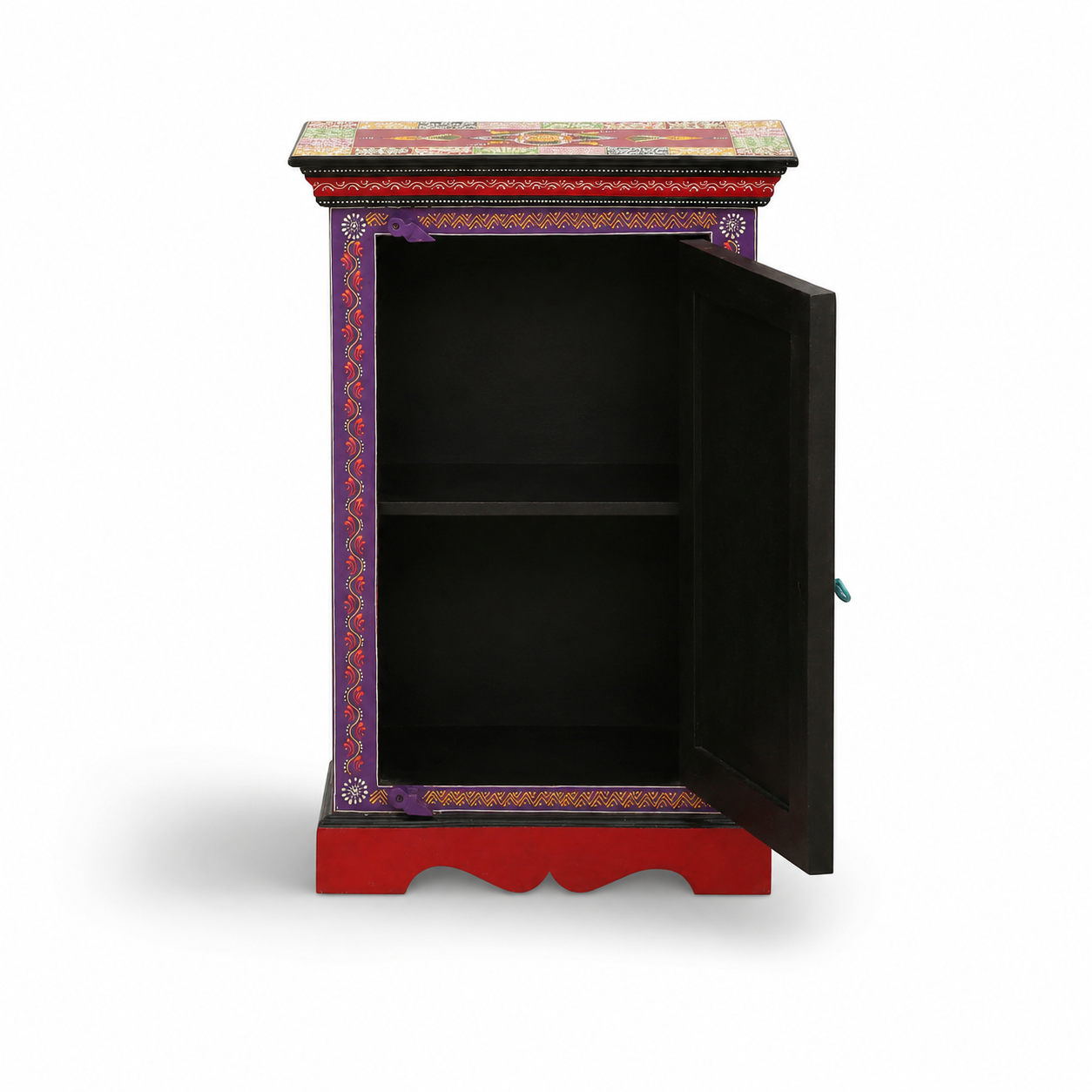 Scarlet Medallion Side Table with door open, showcasing spacious interior storage and hand-painted artisan detailing.