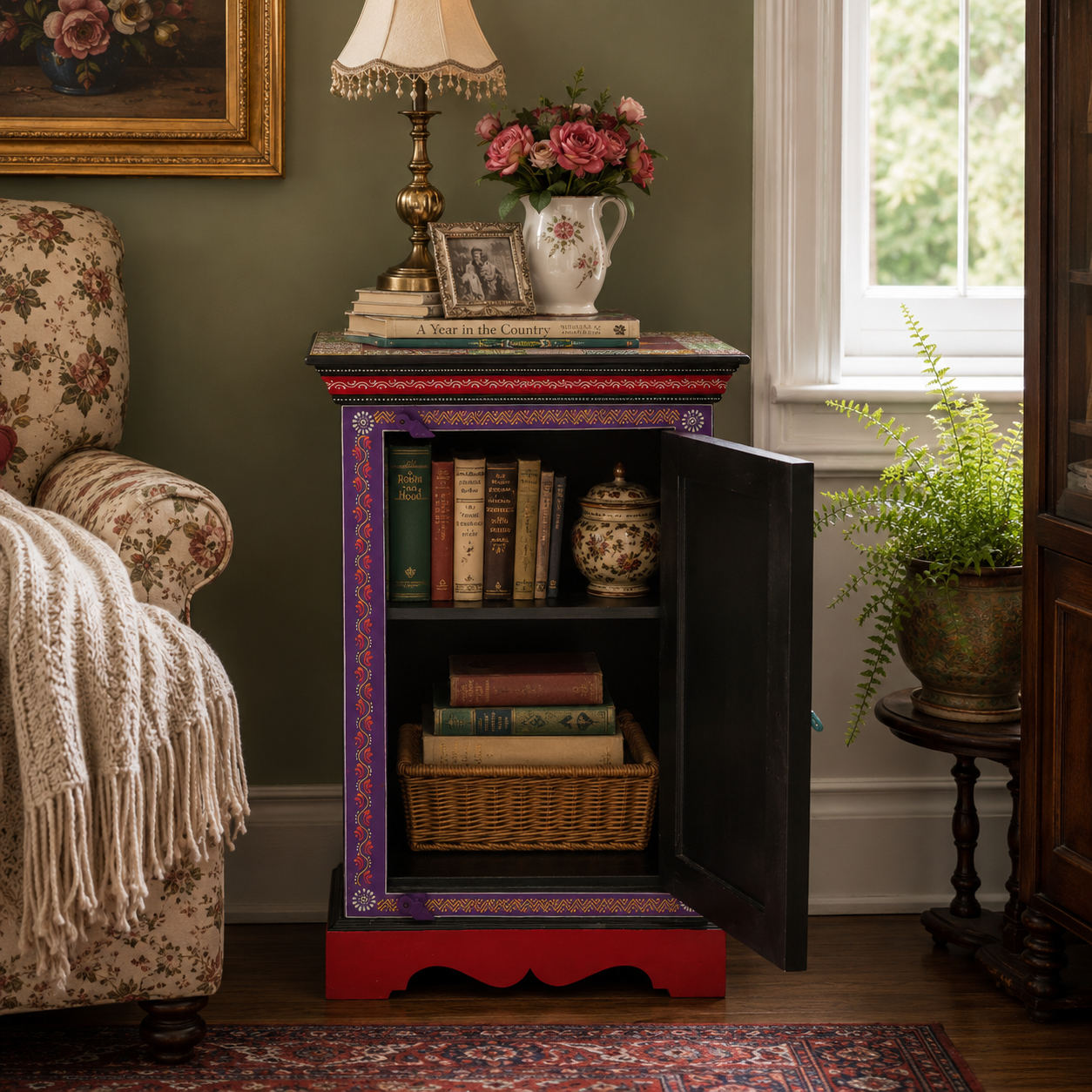 Hand-painted Scarlet Medallion Side Table with hidden storage, styled beside a cozy armchair in a traditional living room.