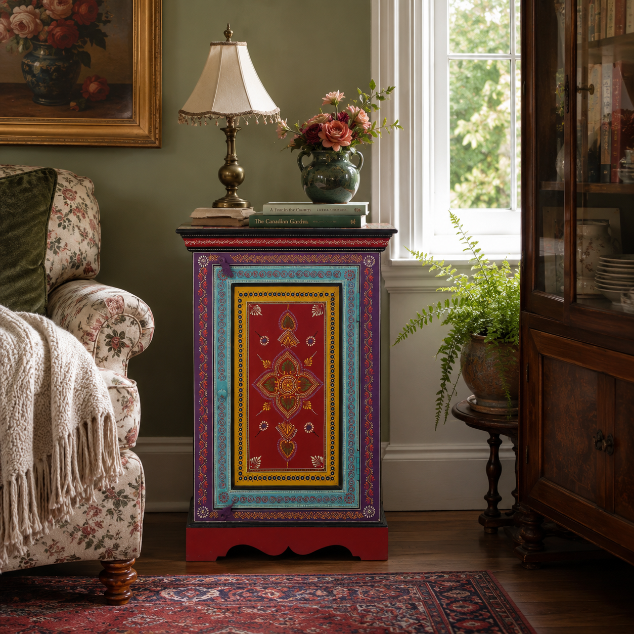 Scarlet Medallion Side Table styled in a vintage-inspired living room, showcasing colorful artisan-painted details and timeless charm.