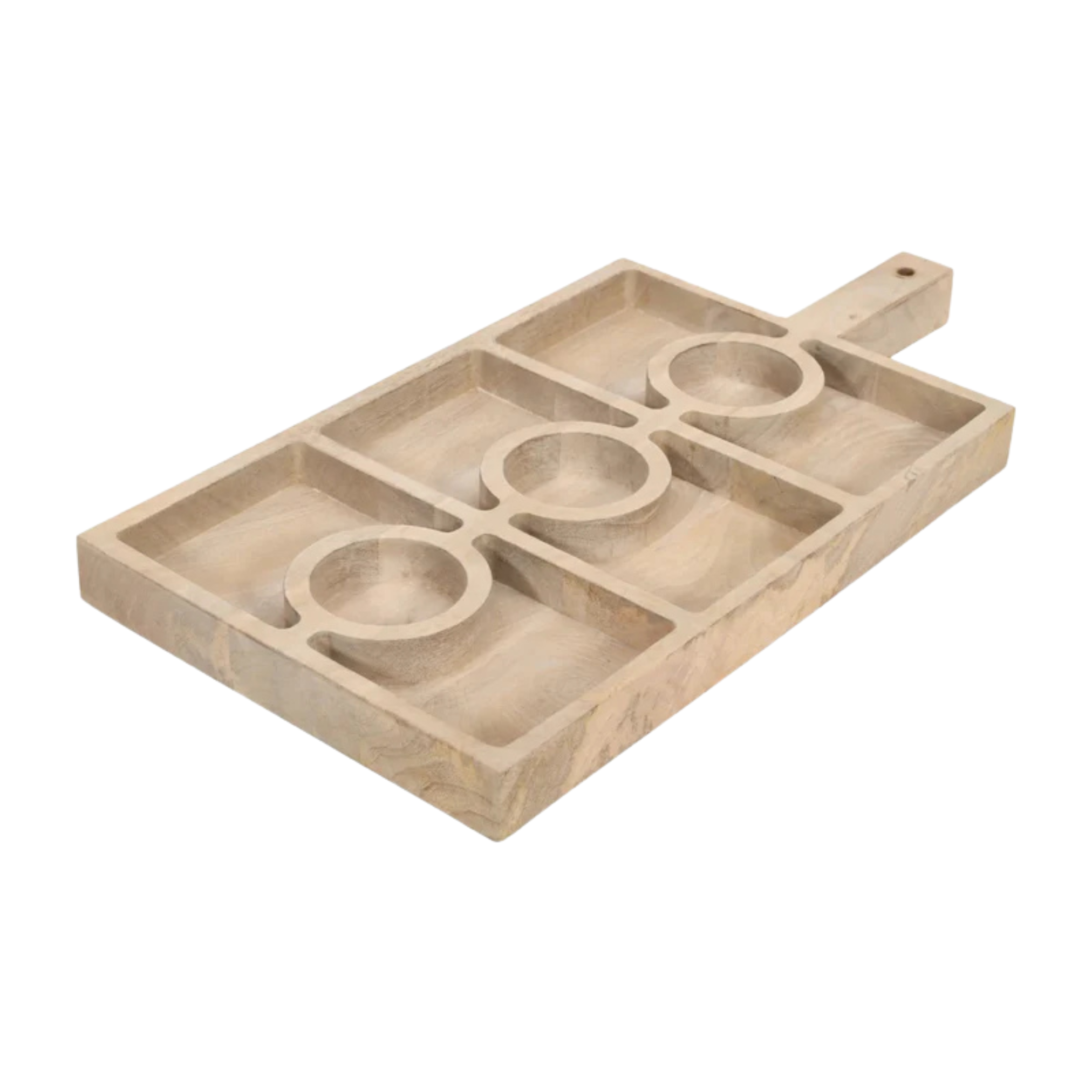 Angled view of handcrafted mango wood sectional serving tray with handle and multiple snack compartments