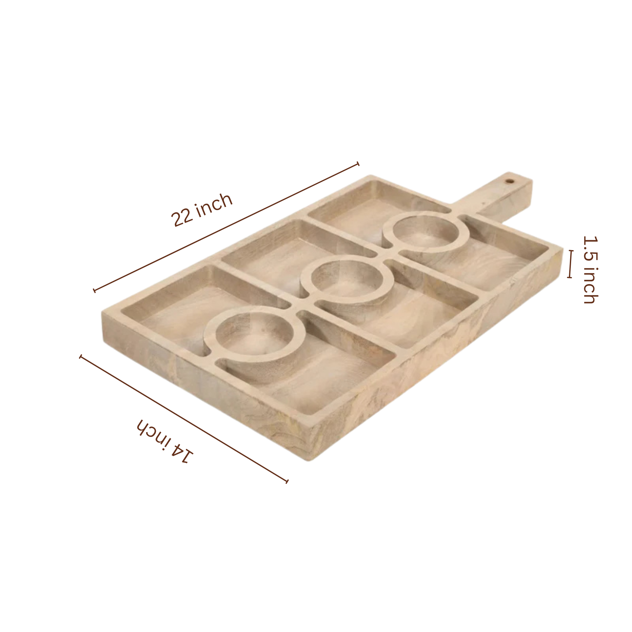 Sectional Serving Tray With Handle made from mango wood featuring 9 compartments with product dimensions displayed