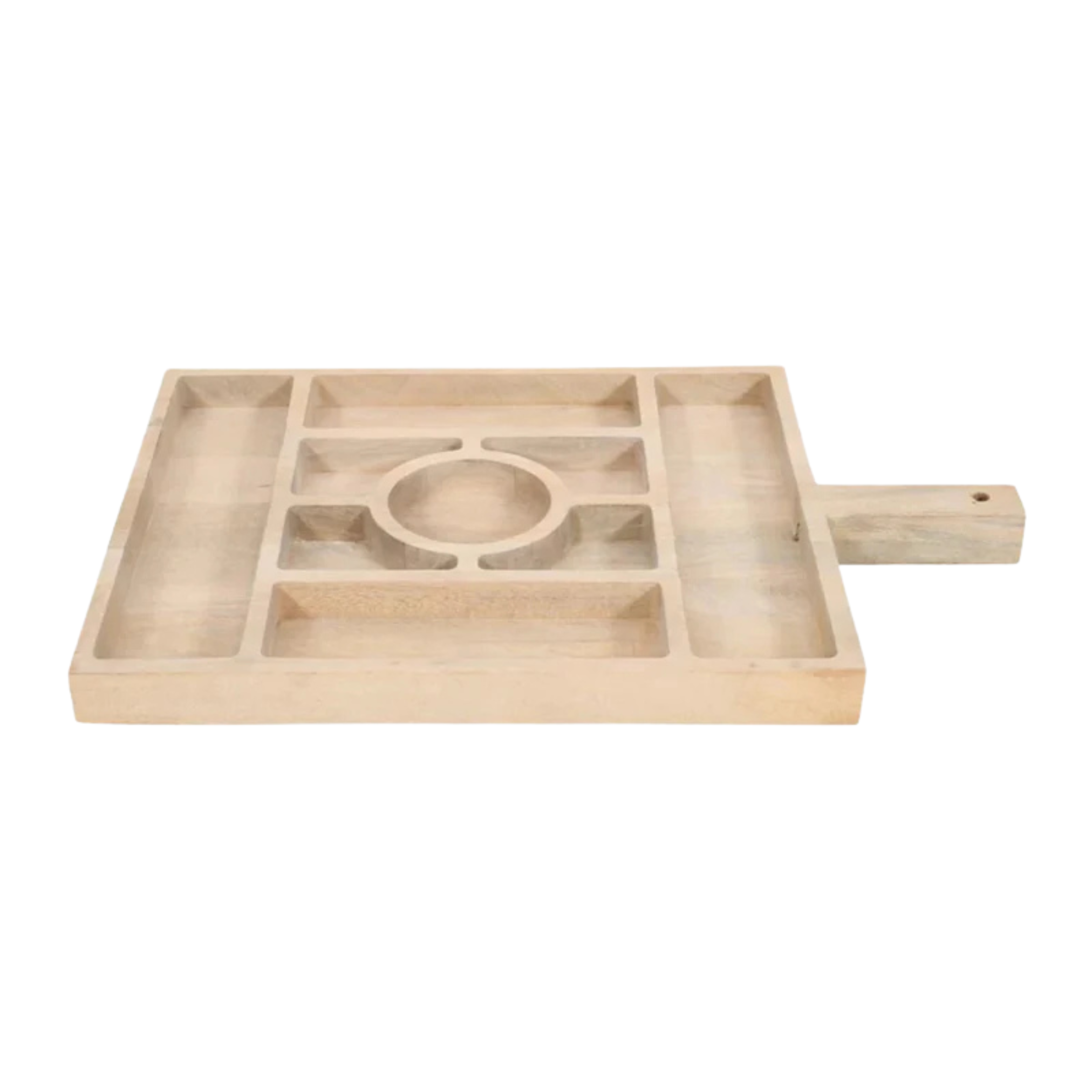 Front view of Sectional Serving Tray With Handle crafted from natural mango wood with 9 serving sections