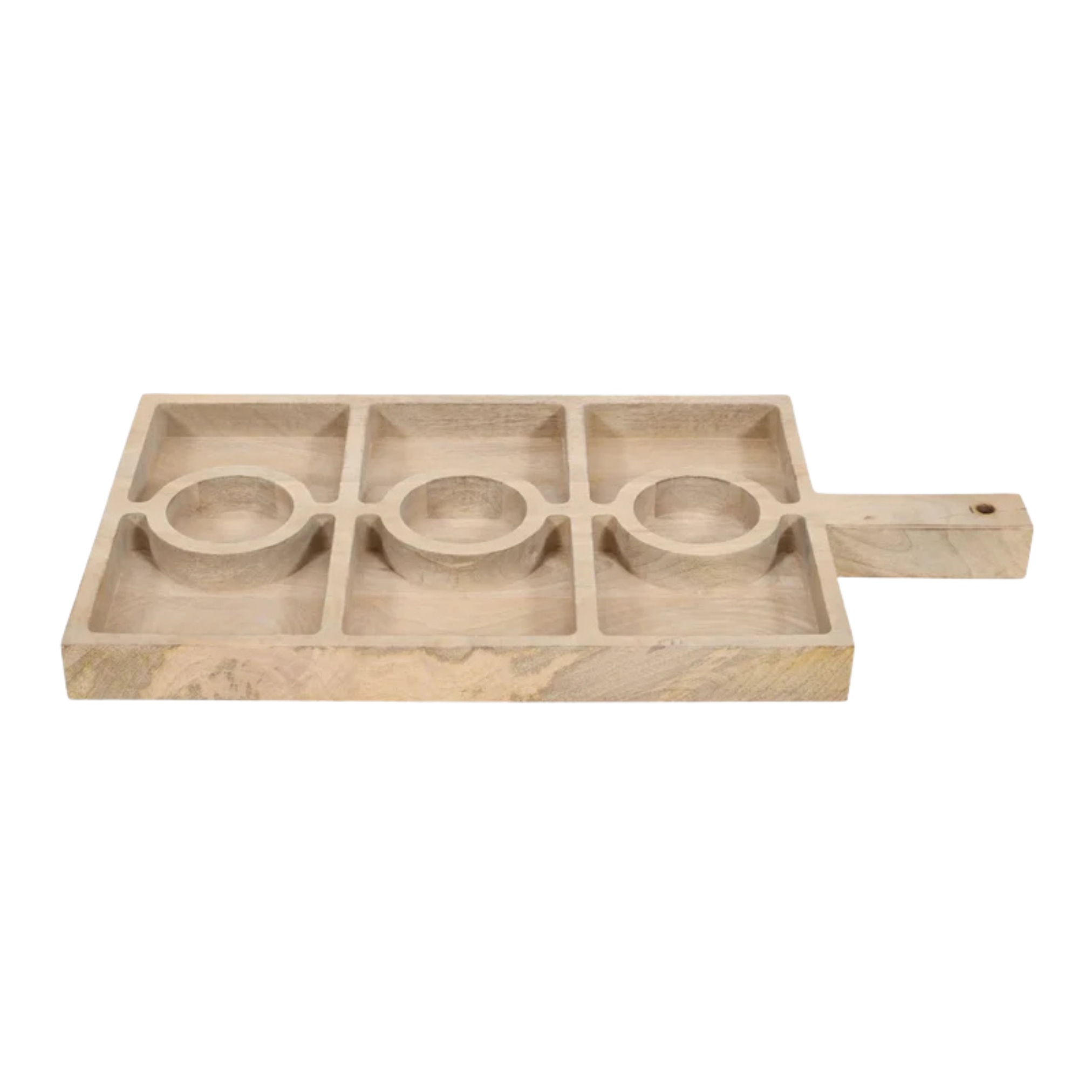 Front view of Sectional Serving Tray With Handle crafted from natural mango wood with 9 serving compartments