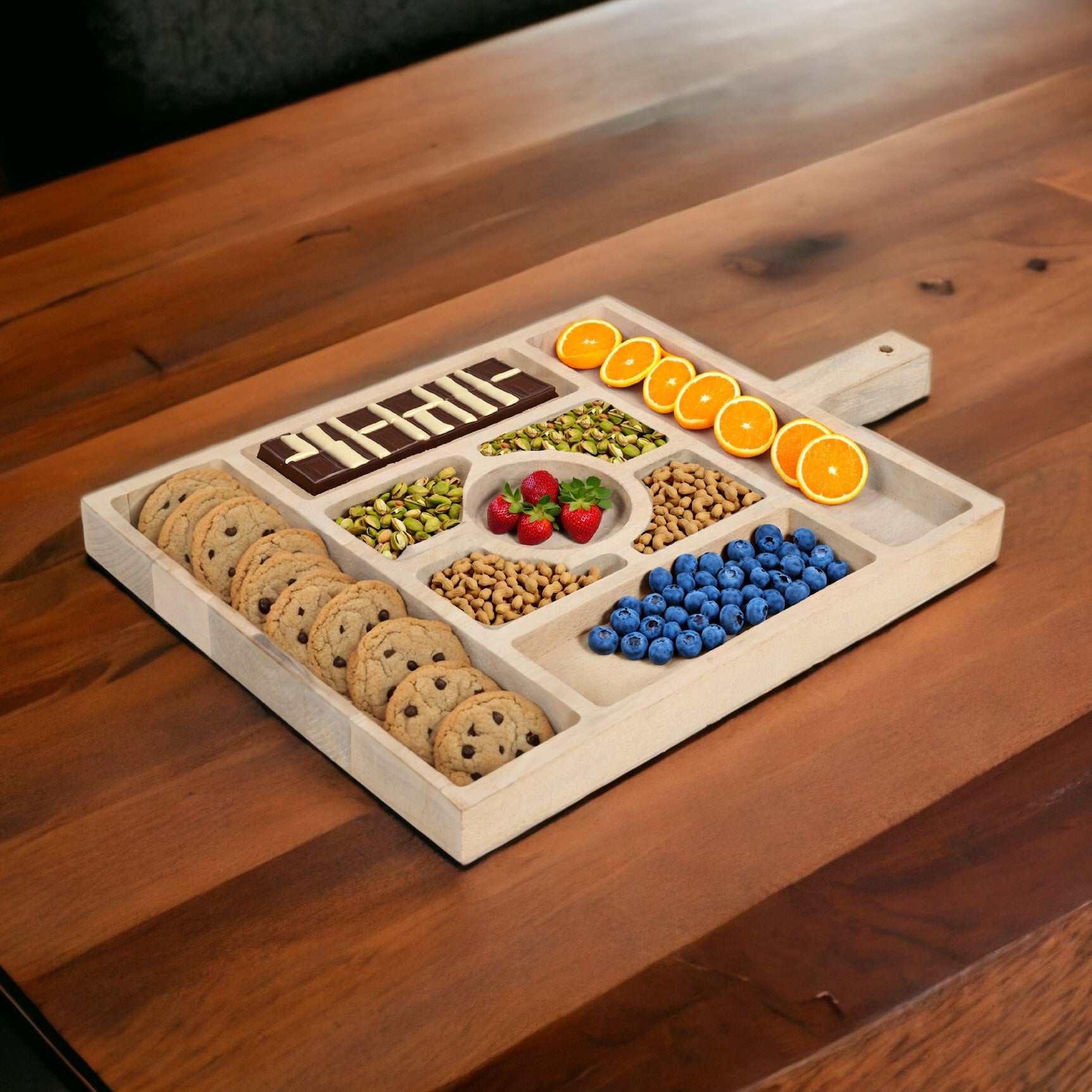 Sectional Serving Tray With Handle styled on a modern dining table with snacks and appetizers in a warm home setting