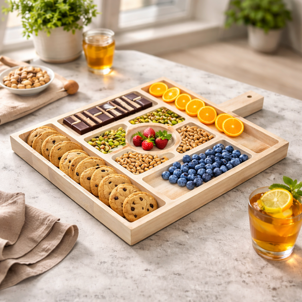 Handcrafted mango wood sectional serving tray with 9 compartments displayed in a cozy kitchen lifestyle setup