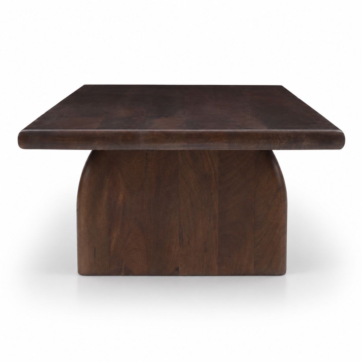 Sojourn Rectangular Coffee Table in solid mango wood with sculptural pedestal legs and dark walnut finish
