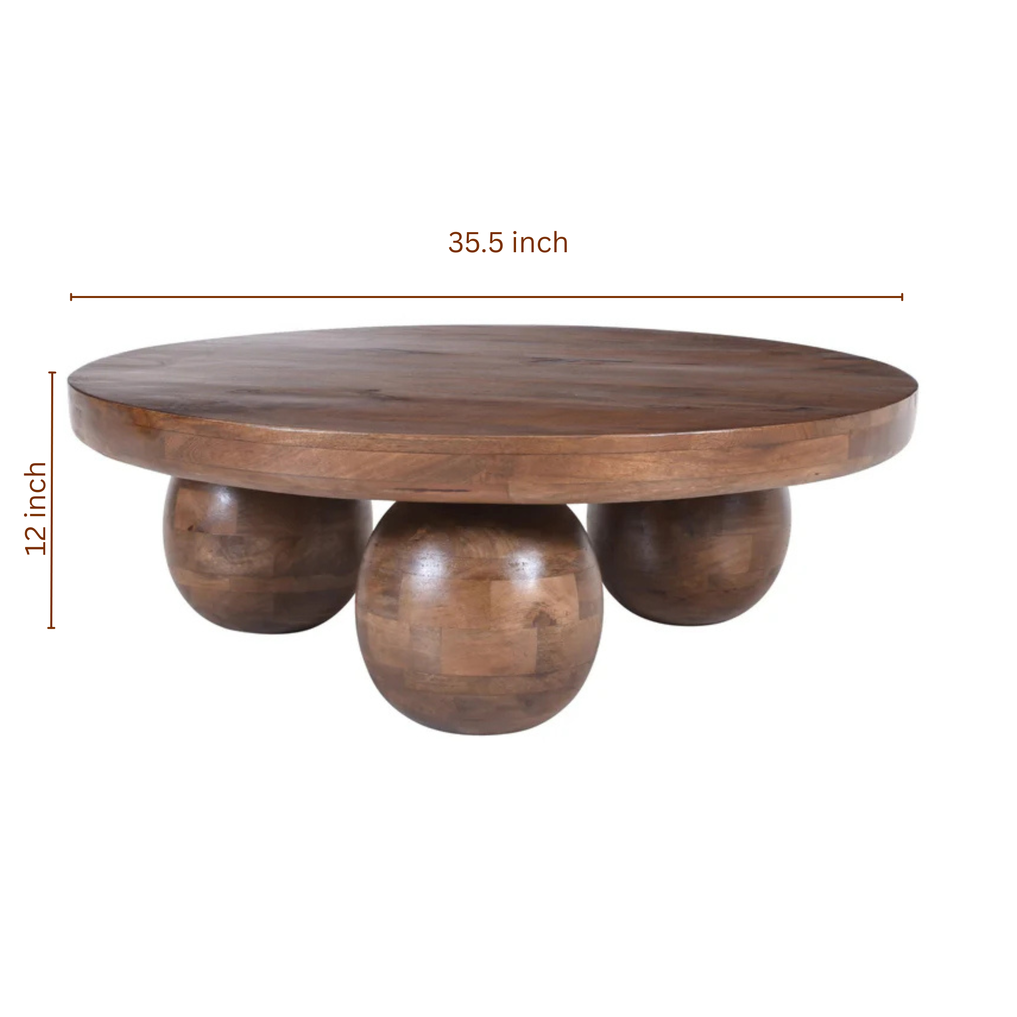 Dimension image of Solstice Round Mango Wood Coffee Table measuring 35.5 inches wide and 12 inches high