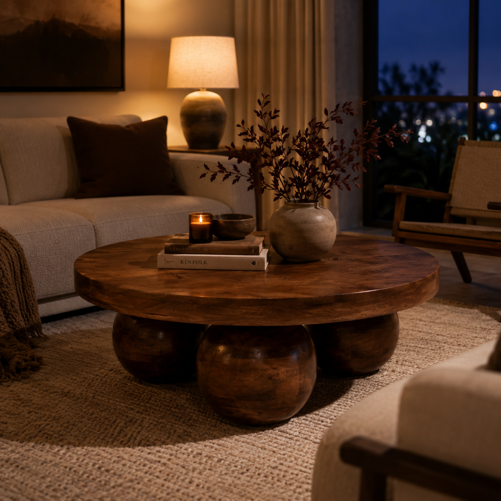 Solstice Round Mango Wood Coffee Table styled in a warm modern living room in evening party