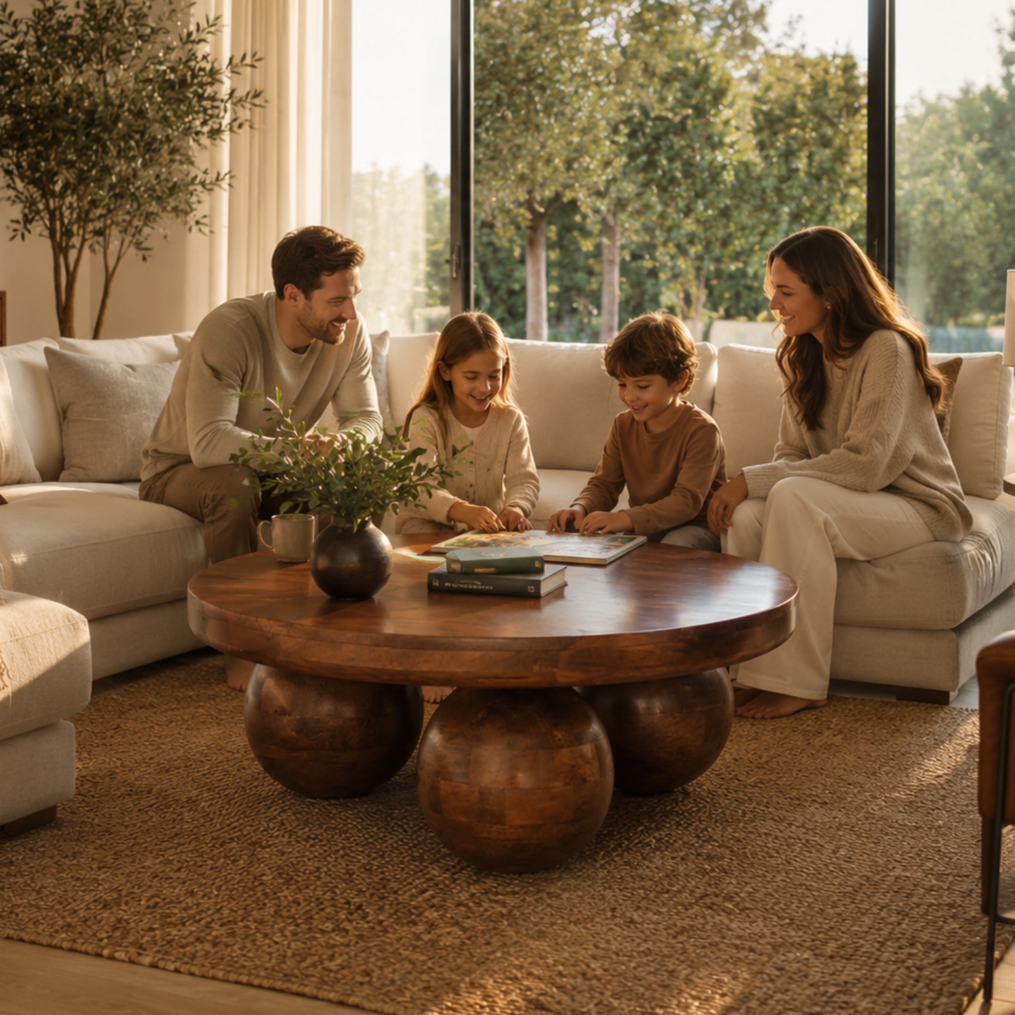 Solstice Round Mango Wood Coffee Table styled in a warm modern family living room