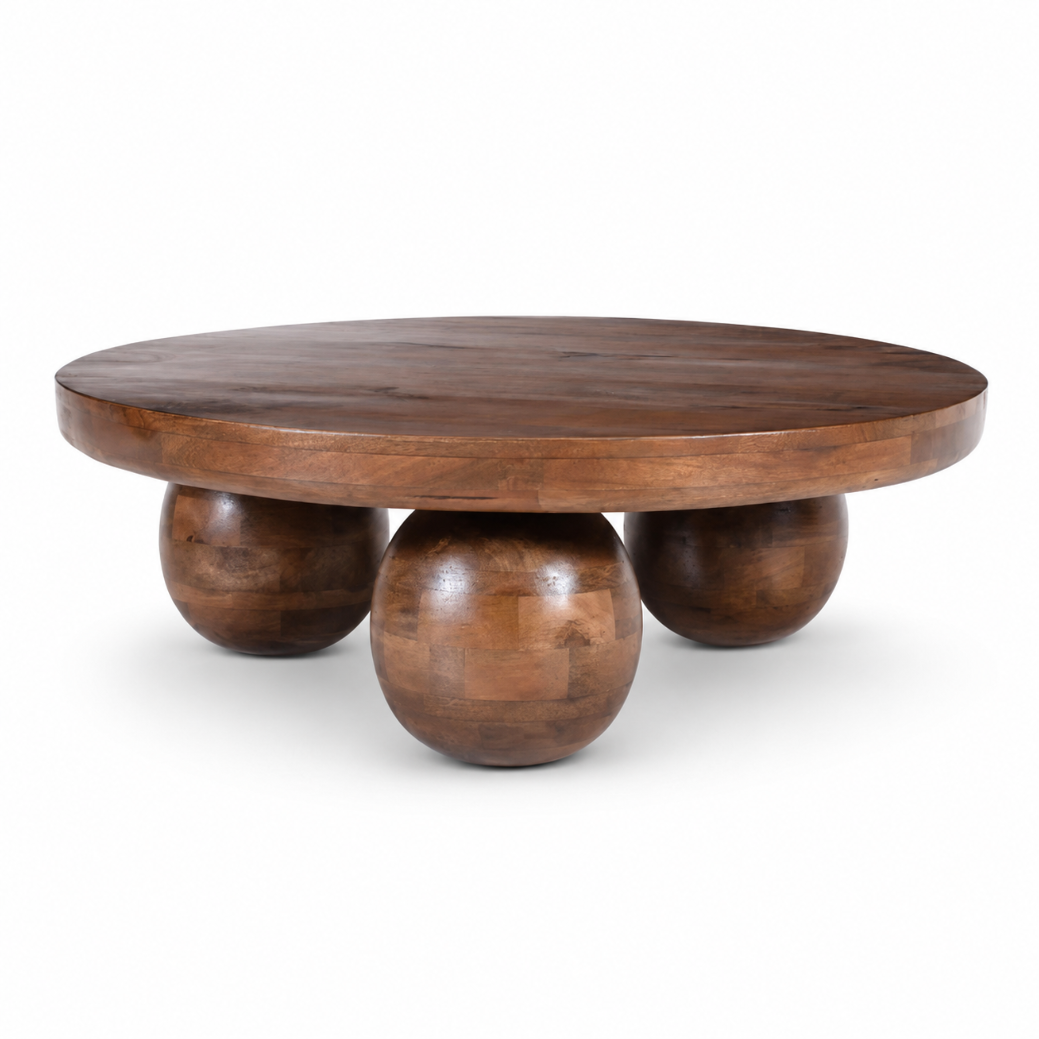 Solstice Round Mango Wood Coffee Table with sculptural spherical legs and rich dark natural wood finish