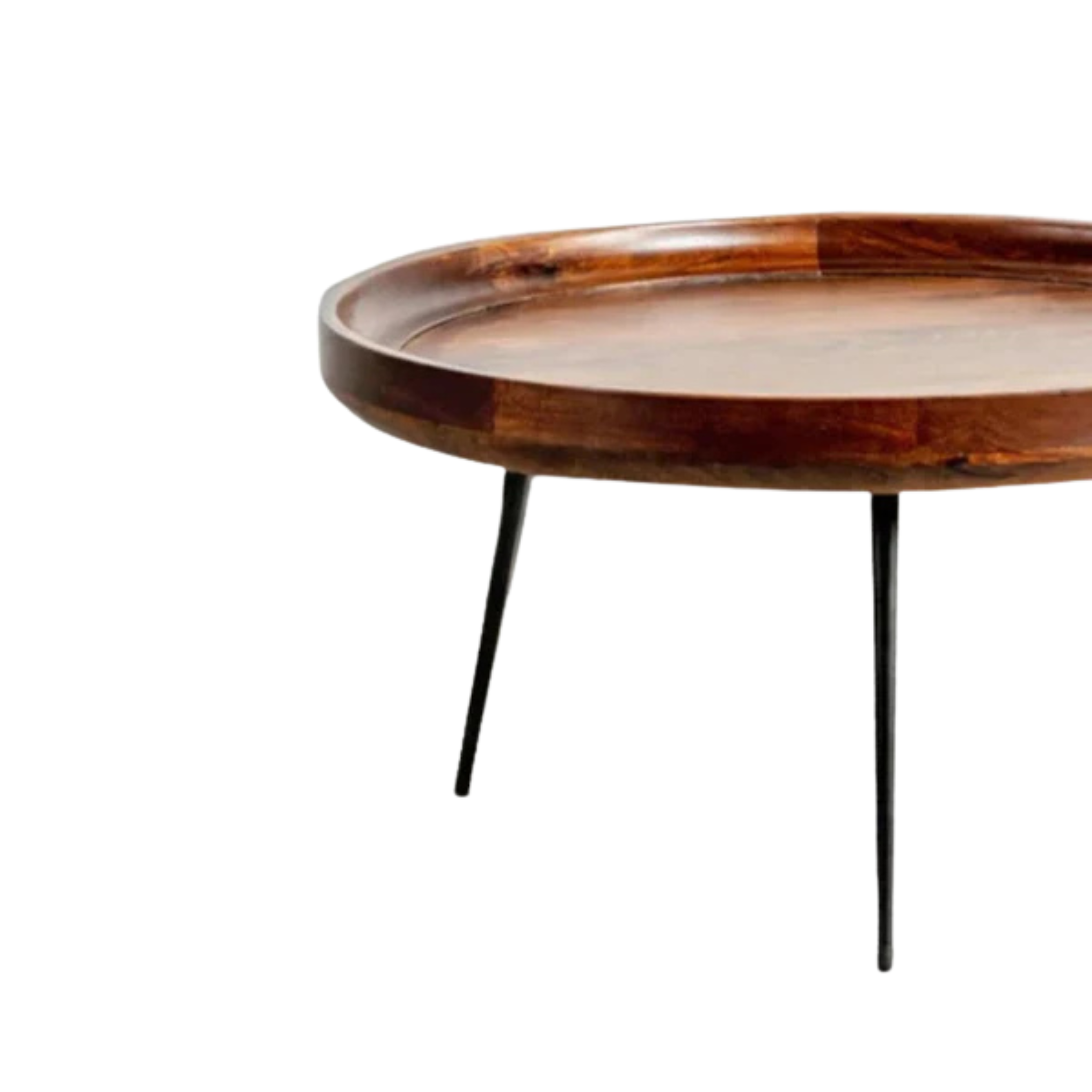 Close-up detail of Stalwart Round Mango Wood Coffee Table highlighting smooth tray edge and handcrafted wood finish