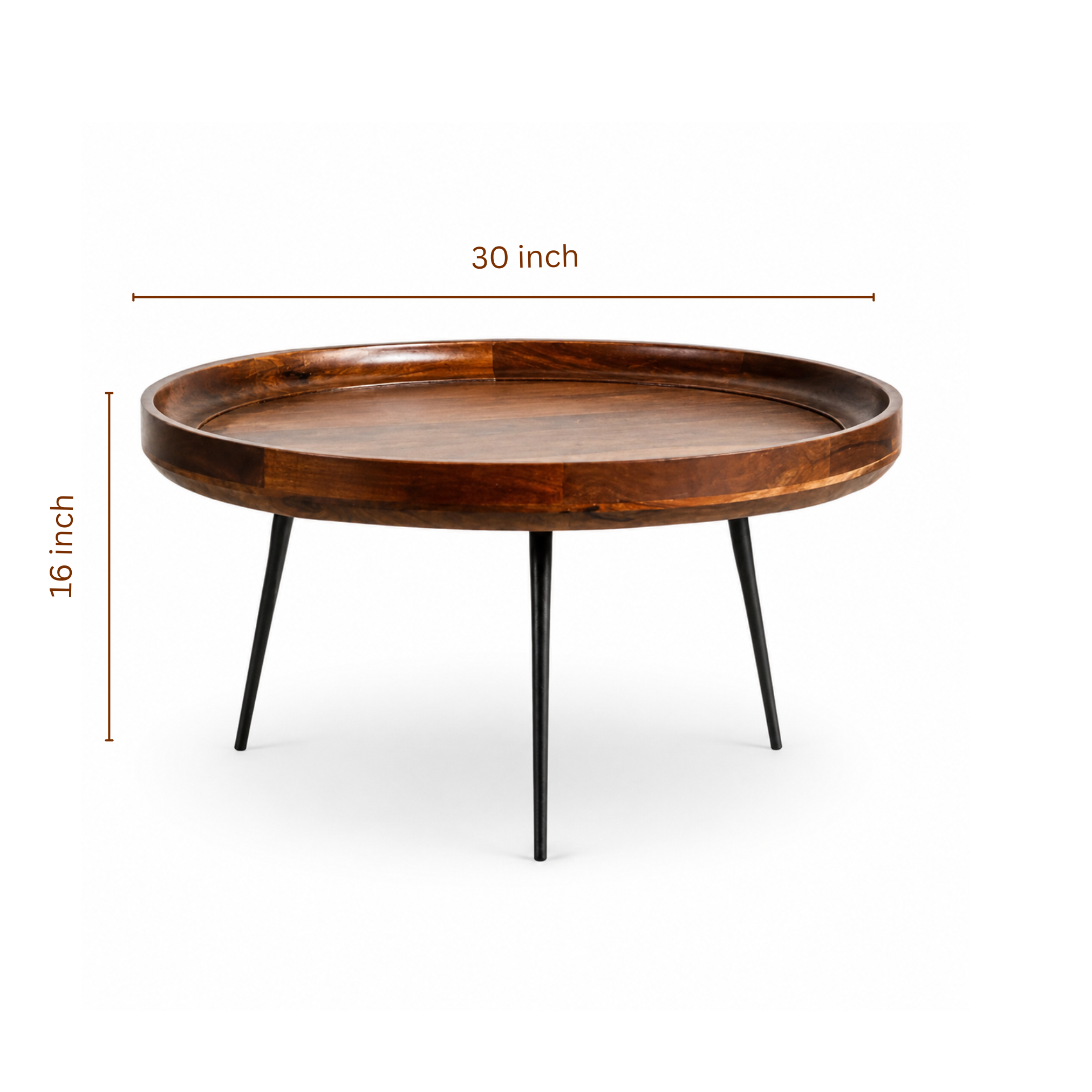 Dimension image of Stalwart Round Mango Wood Coffee Table measuring 30 inches wide and 16 inches high