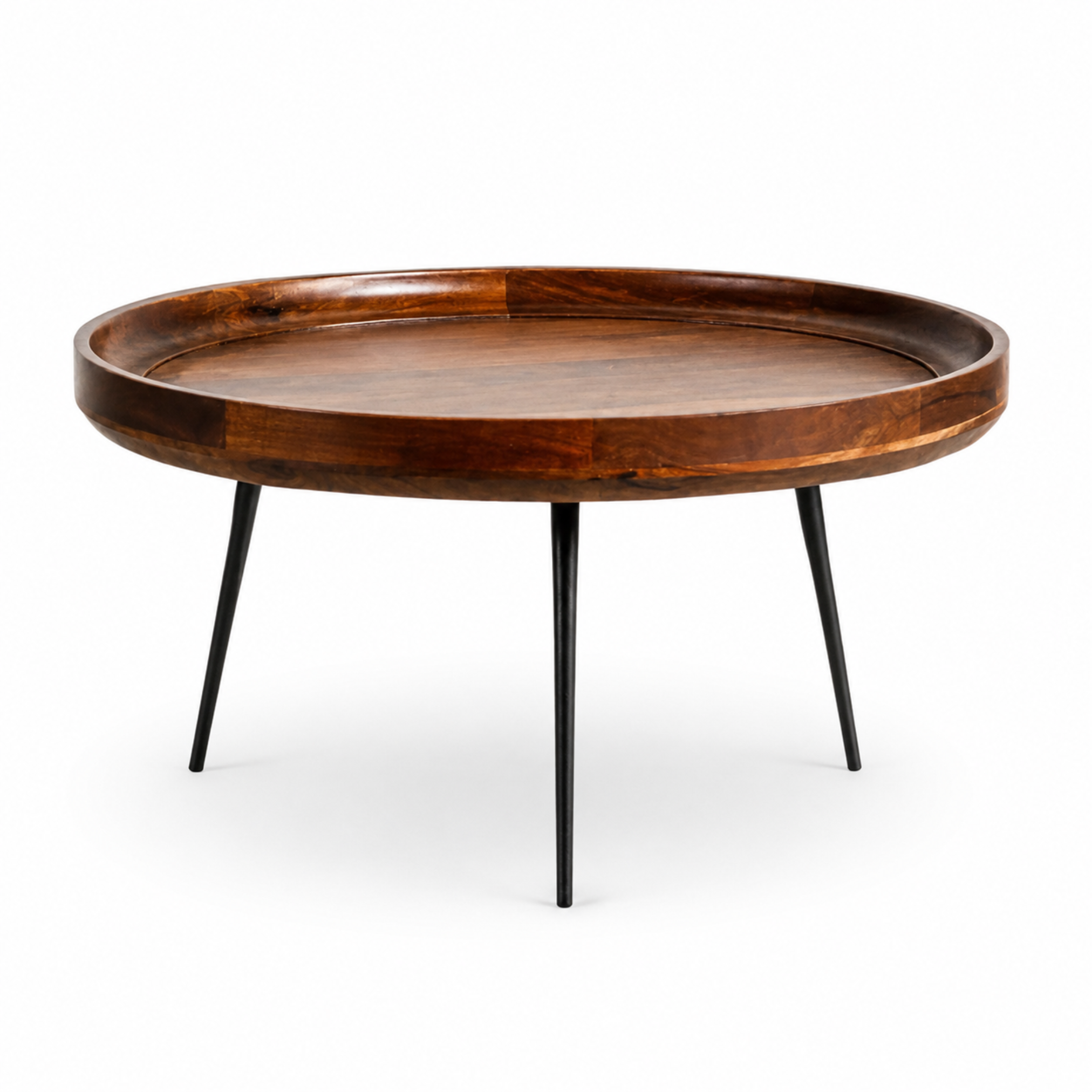 Stalwart Round Mango Wood Coffee Table with raised tray edge and sleek black metal hairpin legs.