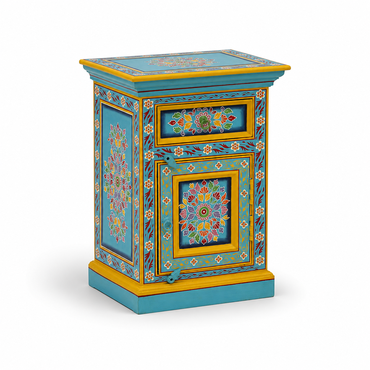 Hand-painted Sunlit Bloom Bedside Table with floral motifs, turquoise blue finish, and yellow trim shown from an angled perspective.