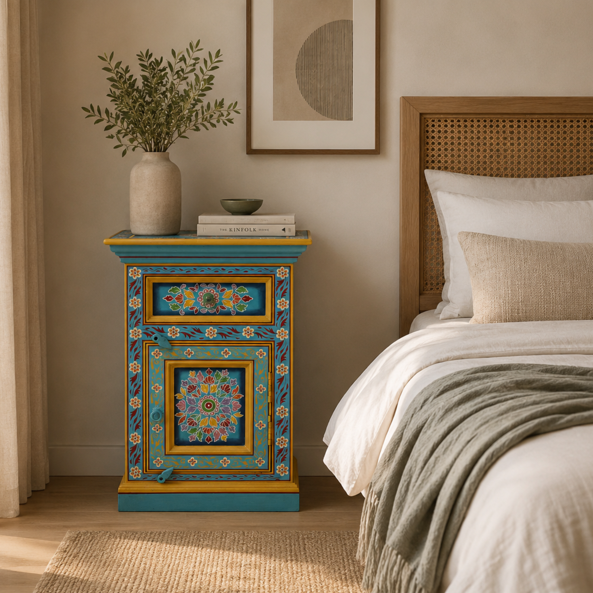 Sunlit Bloom Bedside Table in a cozy bedroom setting featuring hand-painted floral artwork, vibrant blue and yellow finish, and bohemian-inspired decor.