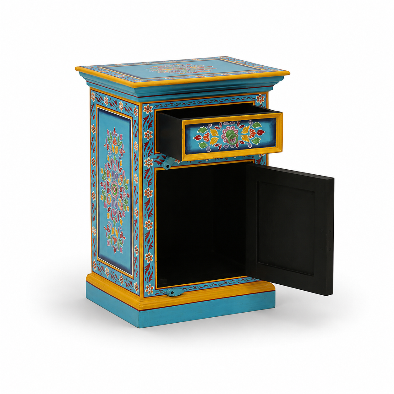 Sunlit Bloom Bedside Table with drawer and cabinet door open, showcasing spacious storage and handcrafted floral detailing.