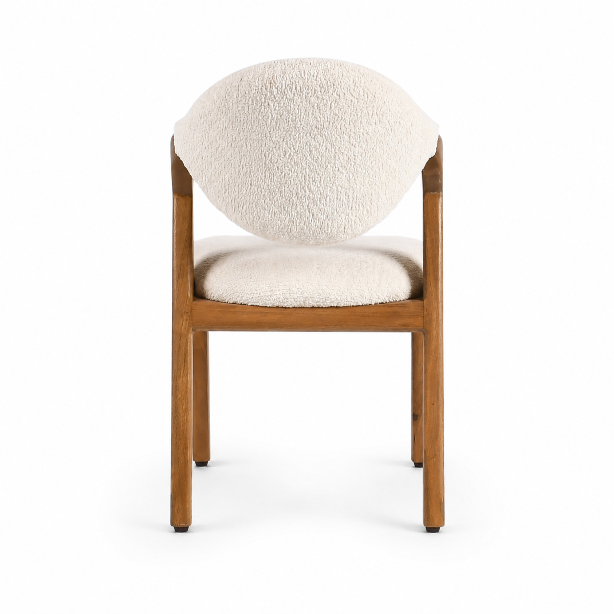 Back view of upholstered wooden kids chair in beige with smooth curved back