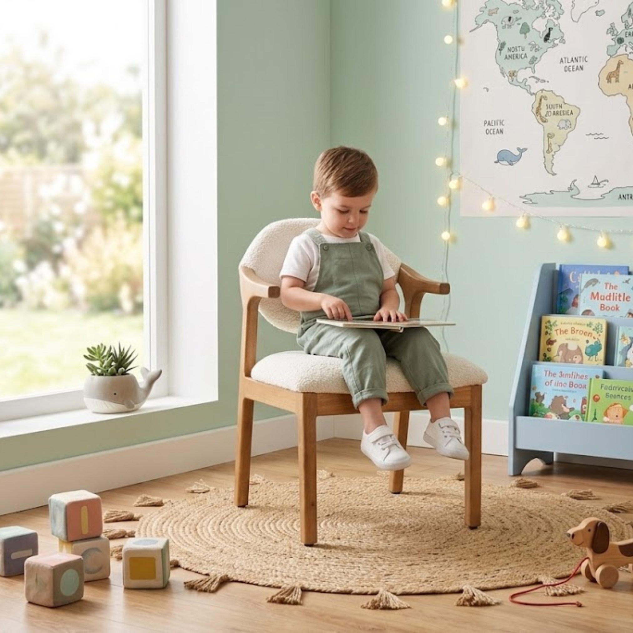 Beige upholstered wooden kids chair with child in pastel themed nursery room