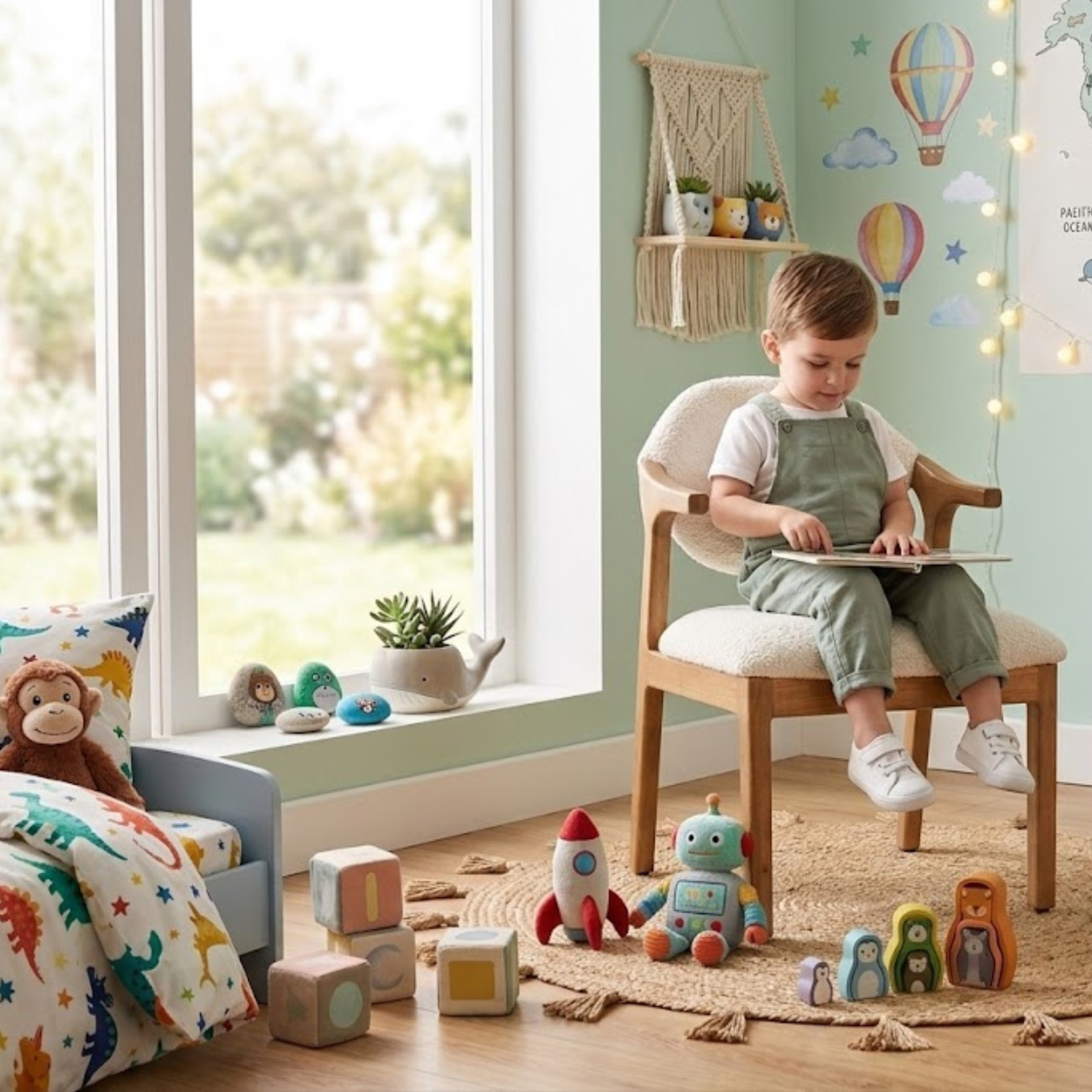 Kid sitting on Sway upholstered wooden kids chair in beige in a modern kids room setting