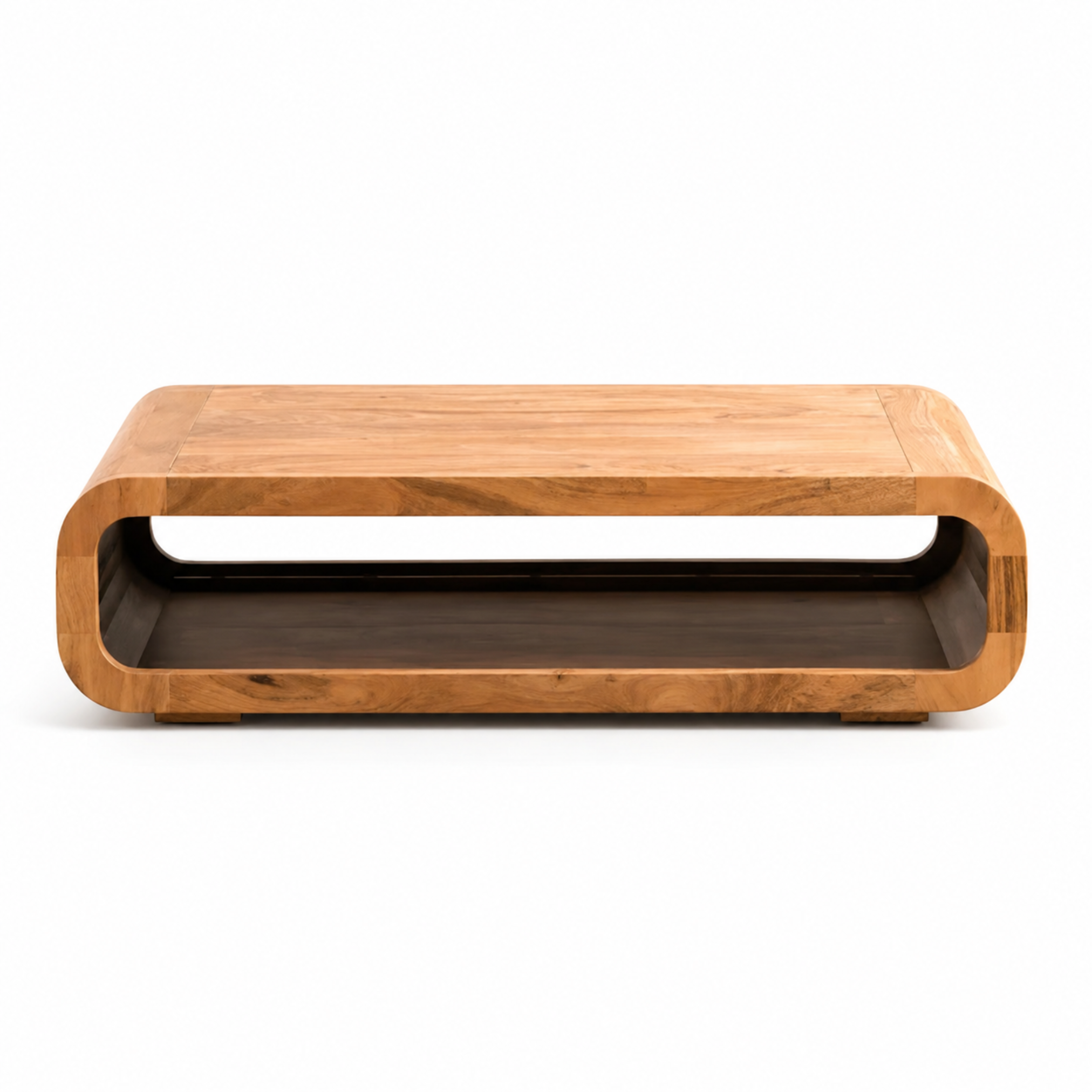 Front view of Tashan Rectangular Acacia Wood Coffee Table featuring rounded corners and spacious open storage shelf.