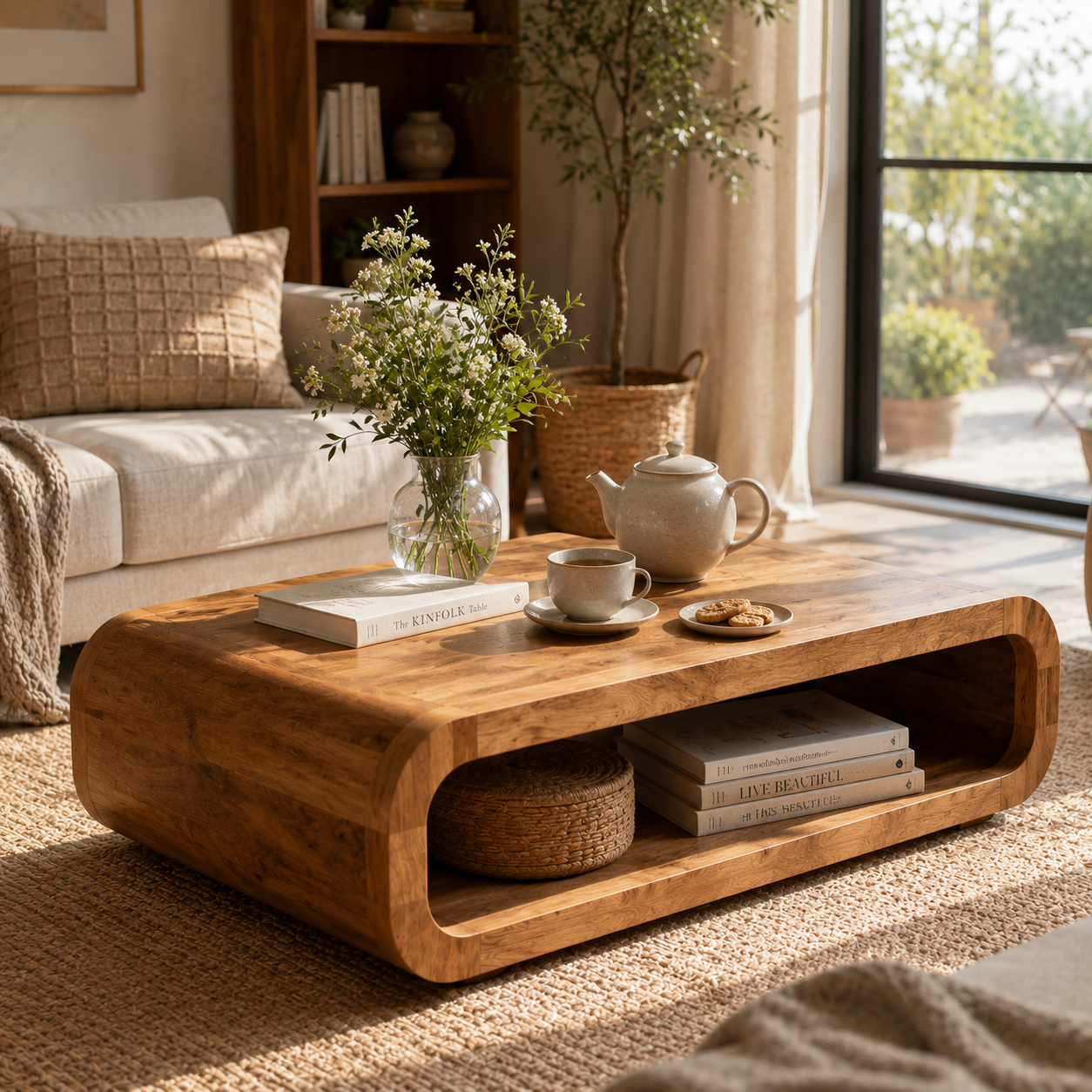 Tashan Rectangular Acacia Wood Coffee Table in a bright modern living room with open shelf storage, styled with flowers, books, tea set, and warm natural sunlight.