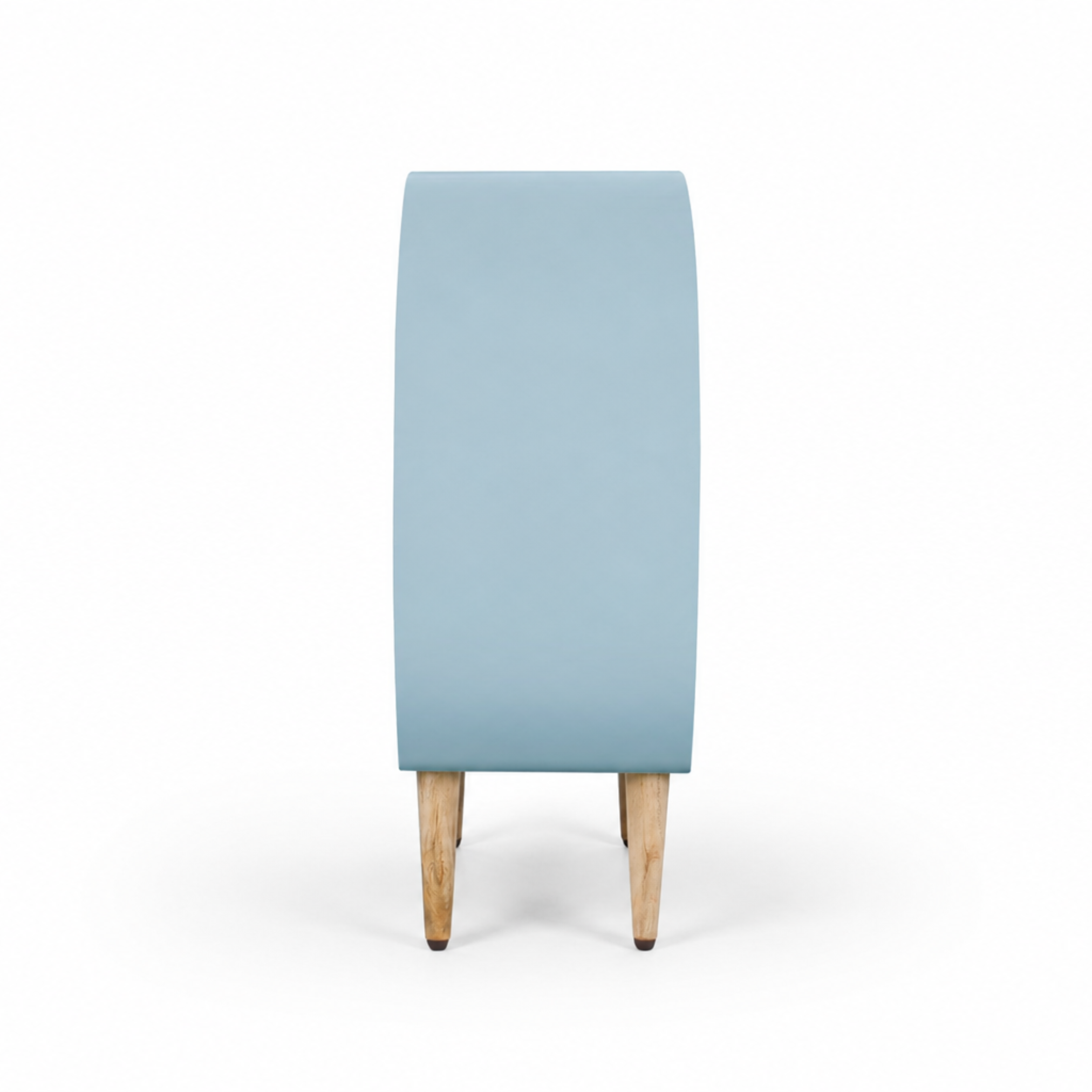 side view of truffle wooden kids bookshelf showing smooth curved structure and minimal design