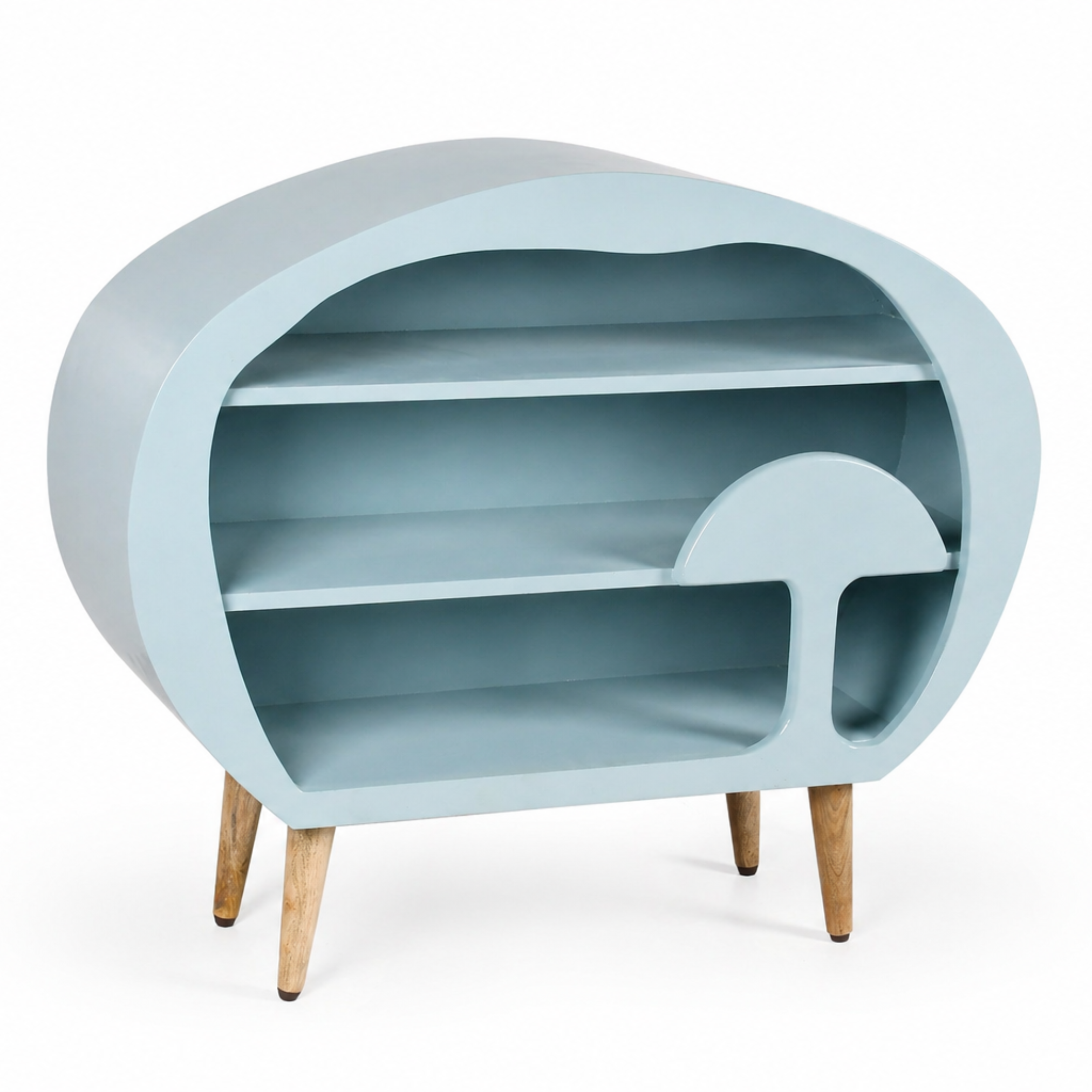 Angled view of truffle wooden kids bookshelf with organic shape and mid-century style legs