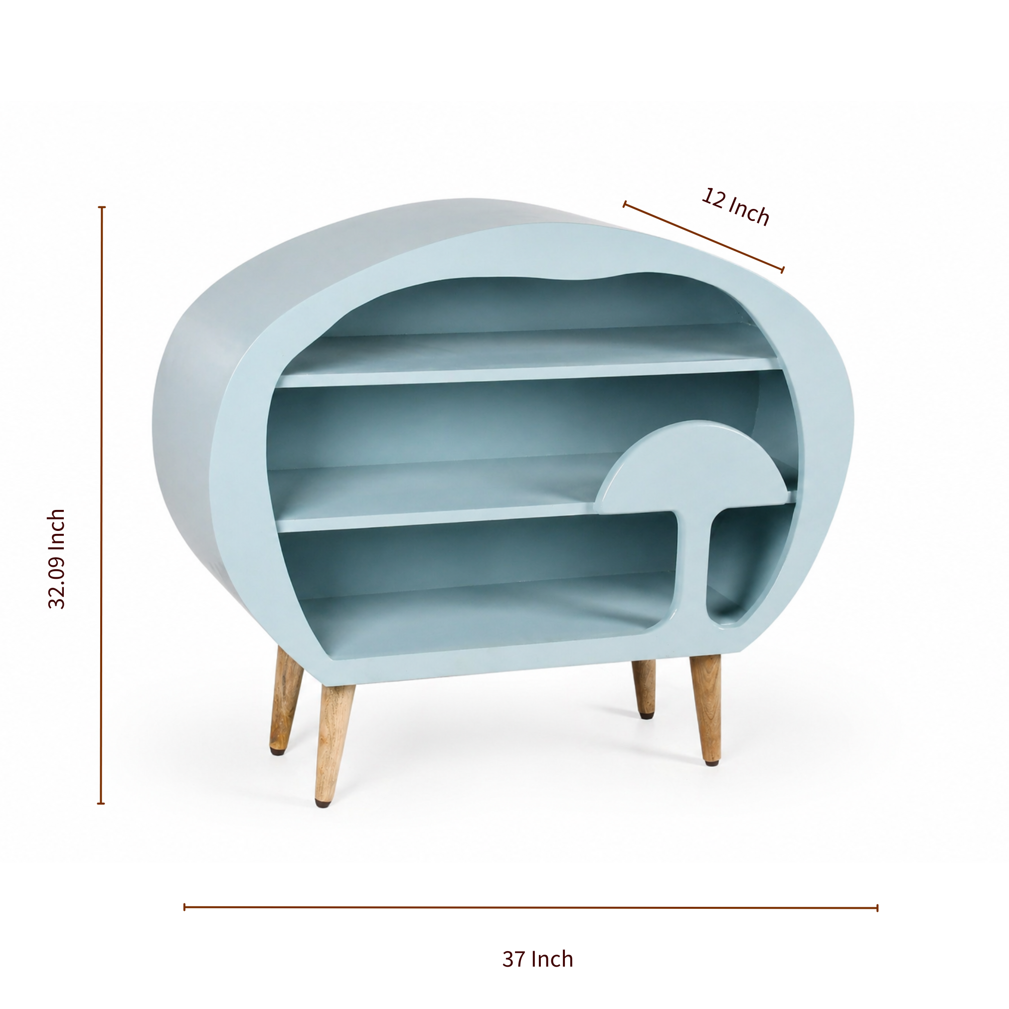 Dimensions of truffle wooden kids bookshelf showing height, width, and depth measurements in inches