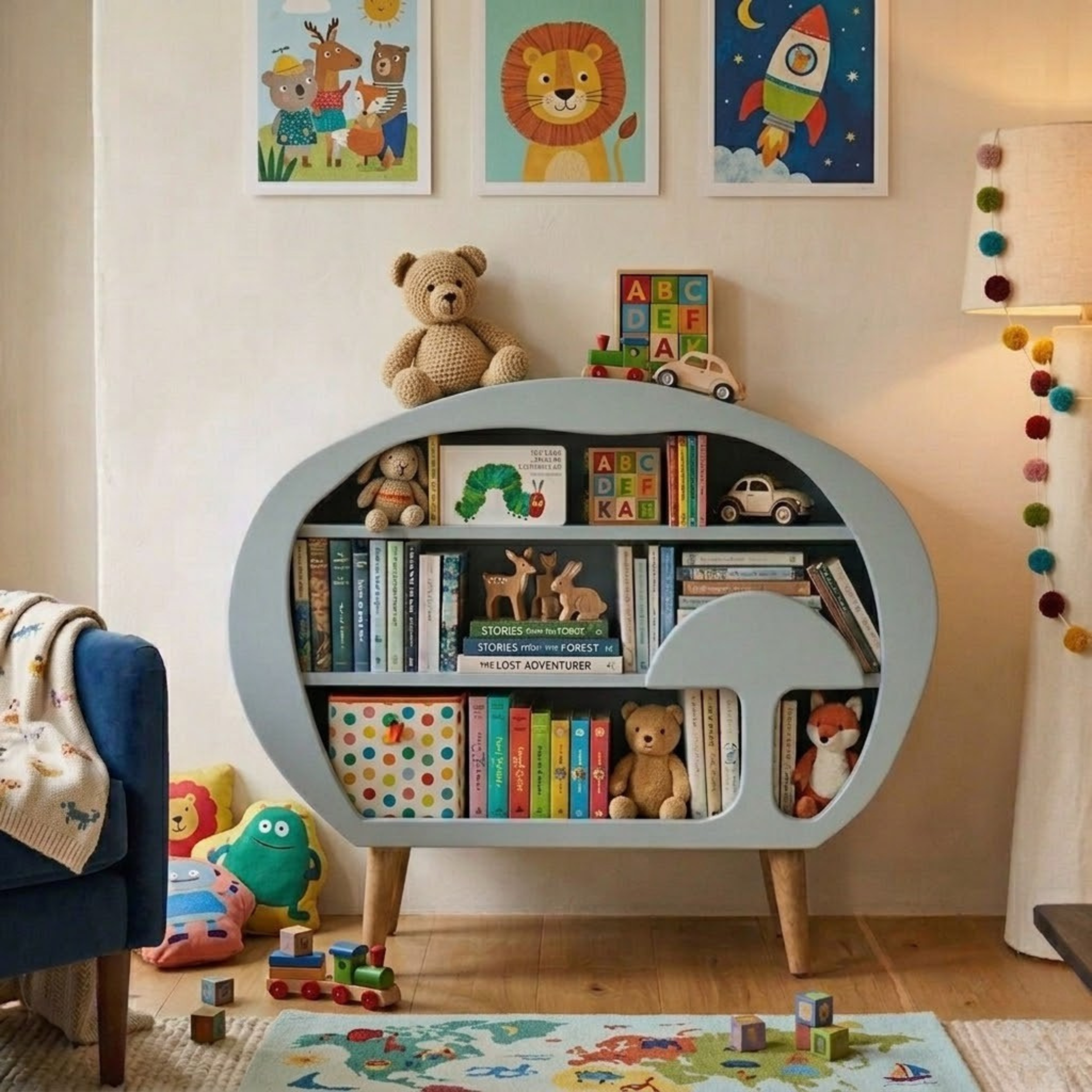 Truffle wooden kids bookshelf styled in a living room
