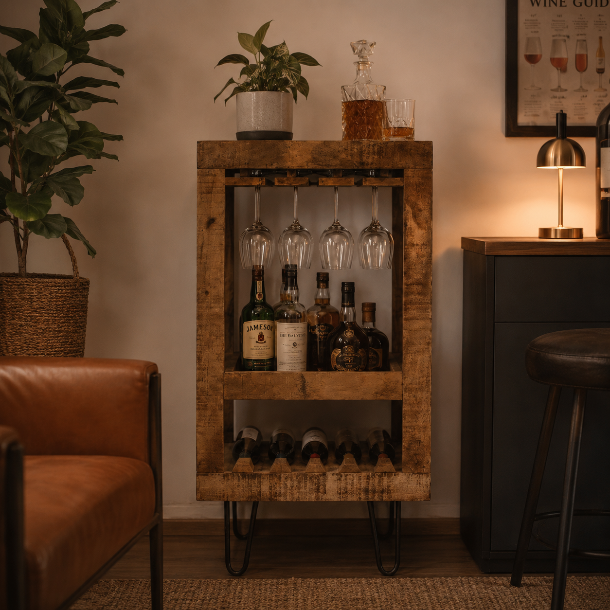 Vinovault Wooden Bar Cabinet handcrafted from solid mango wood with built-in wine bottle storage, hanging wine glass rack, and black metal hairpin legs for stylish home bar storage.