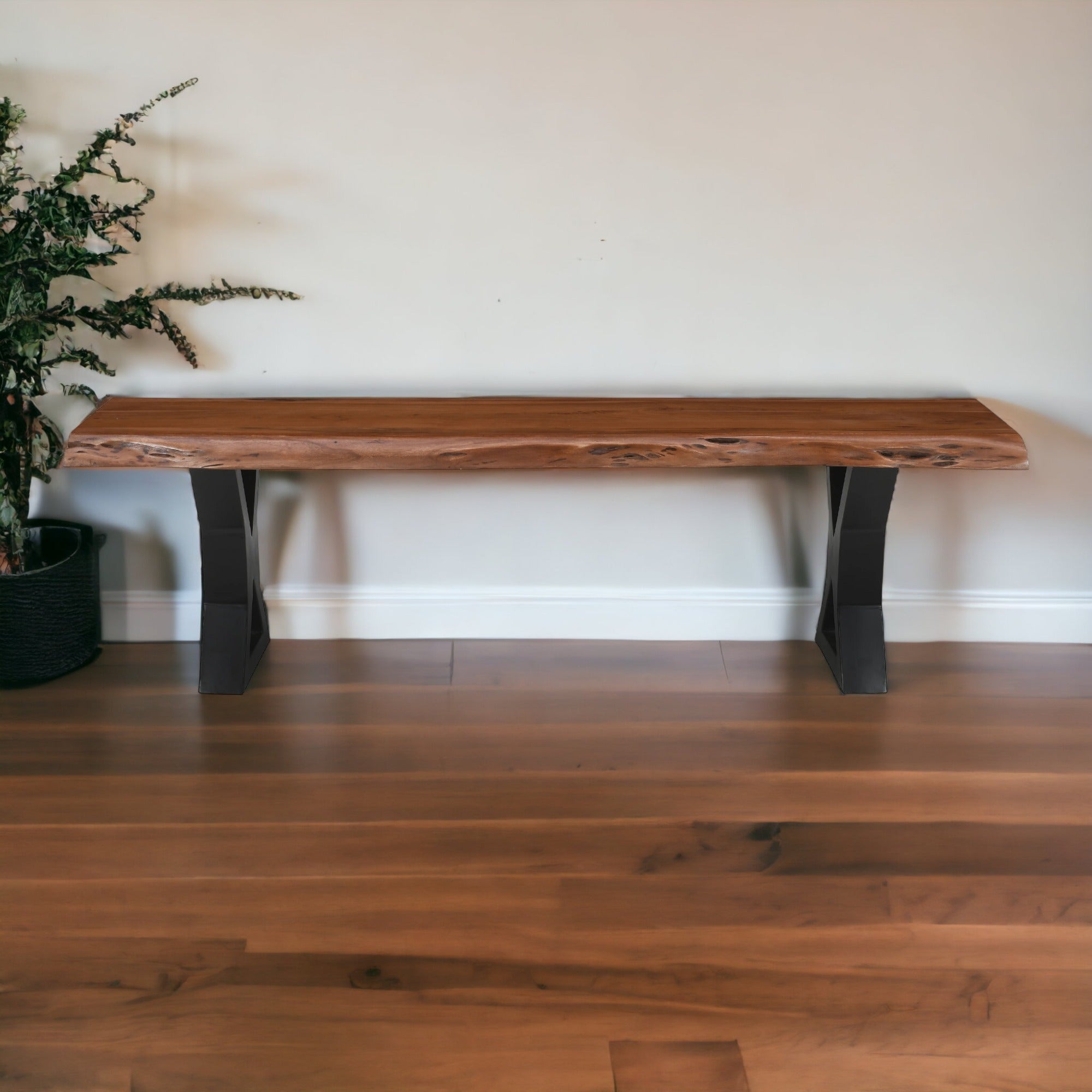 Live Edge Acacia Wood Handcrafted Bench with Metal Legs 