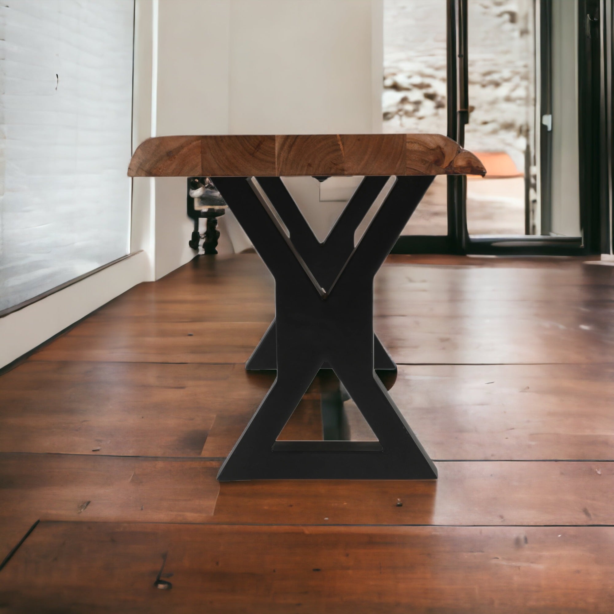 Live Edge Acacia Wood Handcrafted Bench with Metal Legs 